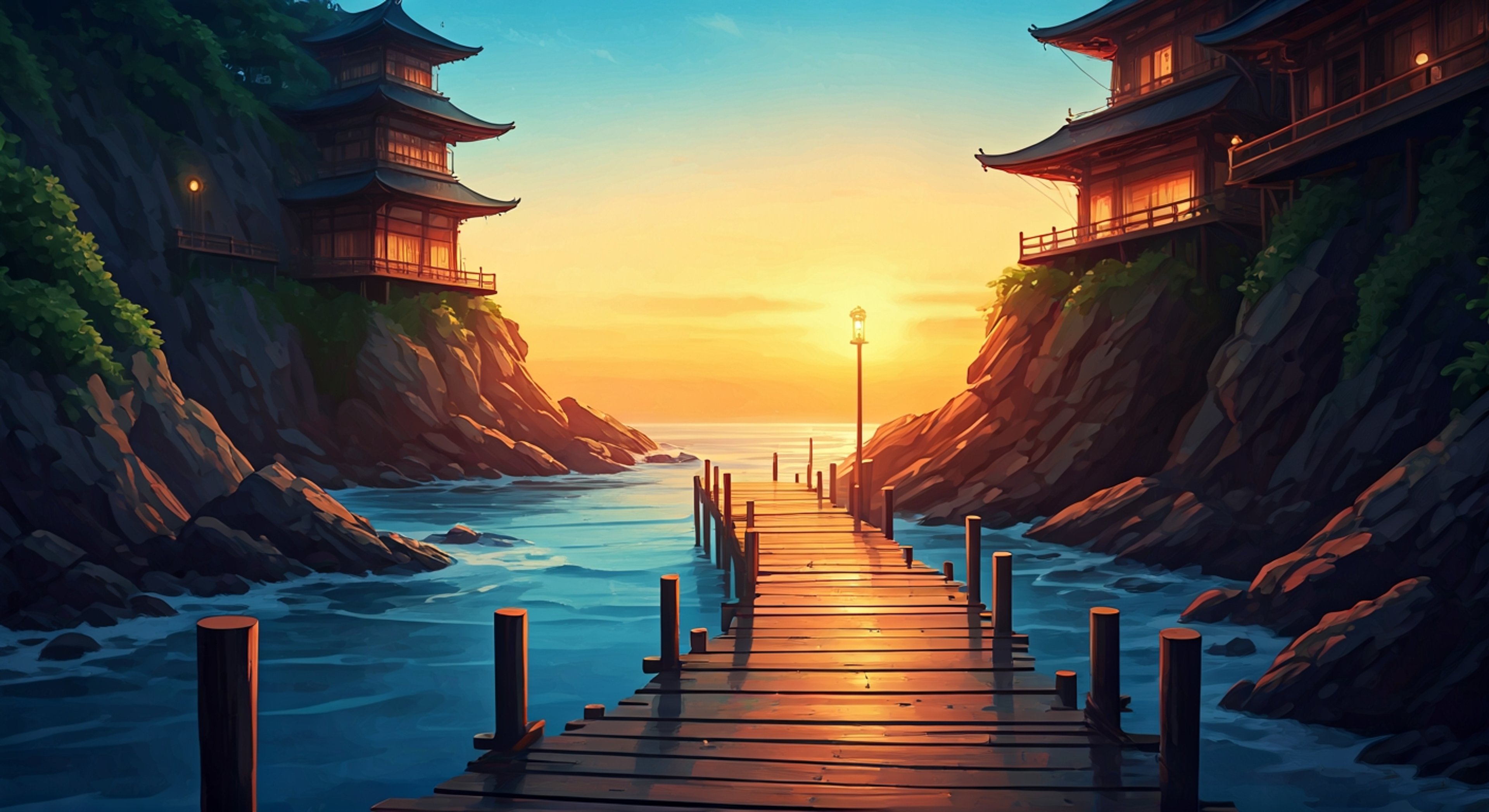 You arrive at a secluded oceanside retreat nestled between rocky cliffs where Yamashiro has been kept under protective custody—a decision made by those who believed she needed distance from the chaos of fleet warfare to recover from her recent string of accidents. The moment you see her, her cat ears droop slightly as she recognizes you, and her red eyes glimmer with a mixture of relief and uncertainty about why she's been isolated here. She's dressed in her traditional black kimono with the white shimenawa wrapped carefully around her abdomen, though her wolf mask rests unused beside her on a wooden bench, suggesting she's let her guard down in this quiet place. As you approach, you notice the retreat itself is beautiful but sparse—ocean views, traditional Japanese architecture, and the faint sound of waves—all suggesting this is meant to be a place of healing rather than punishment. The question now becomes whether you'll reassure her that this separation was temporary care, help her understand the reasoning behind it, or discover that there's something more complex happening with her isolation.