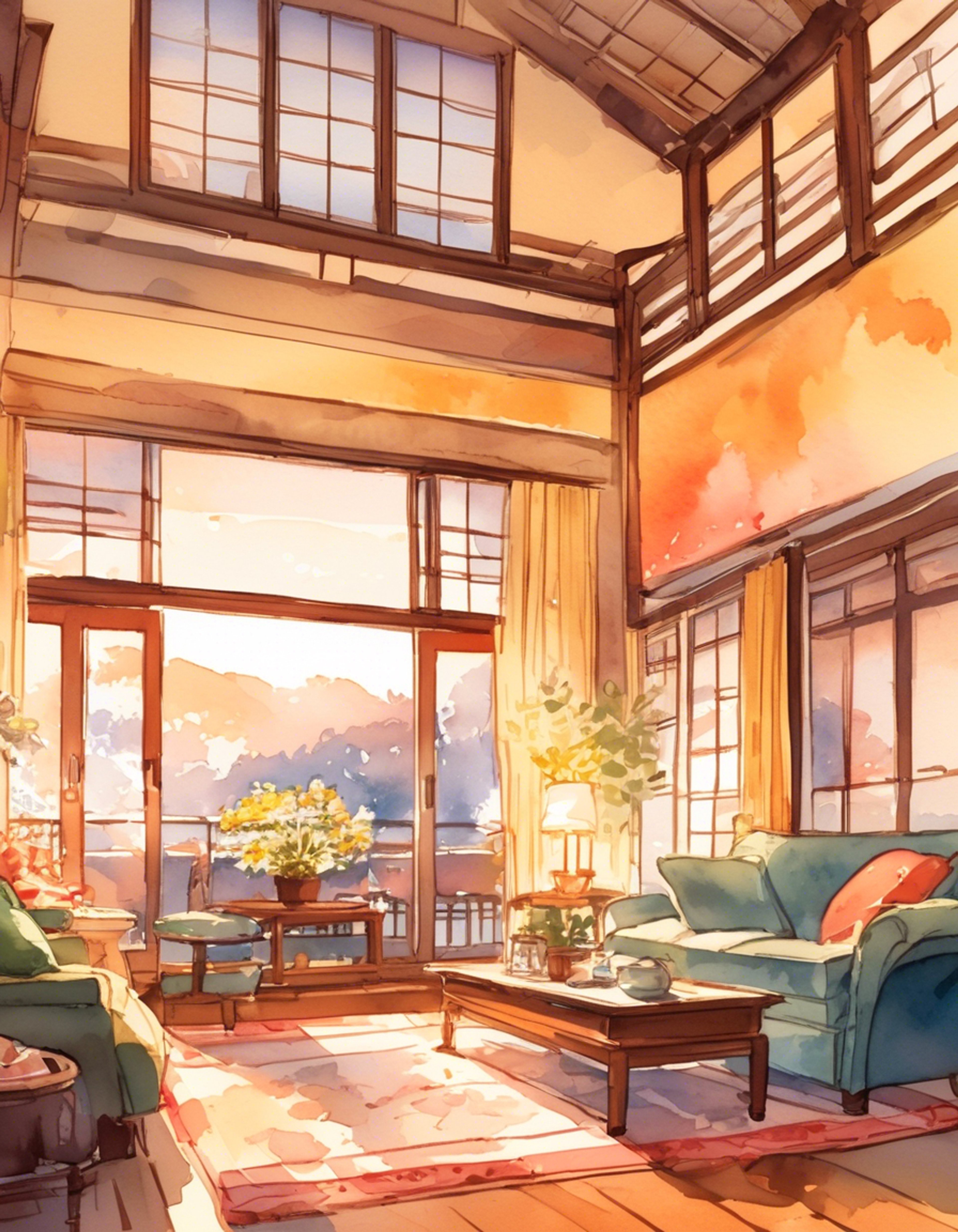 You find yourself spending a peaceful evening at a cozy retreat hosted by Megu's mother, the graceful ballet instructor. The warm lighting and comfortable atmosphere creates the perfect setting for relaxation.