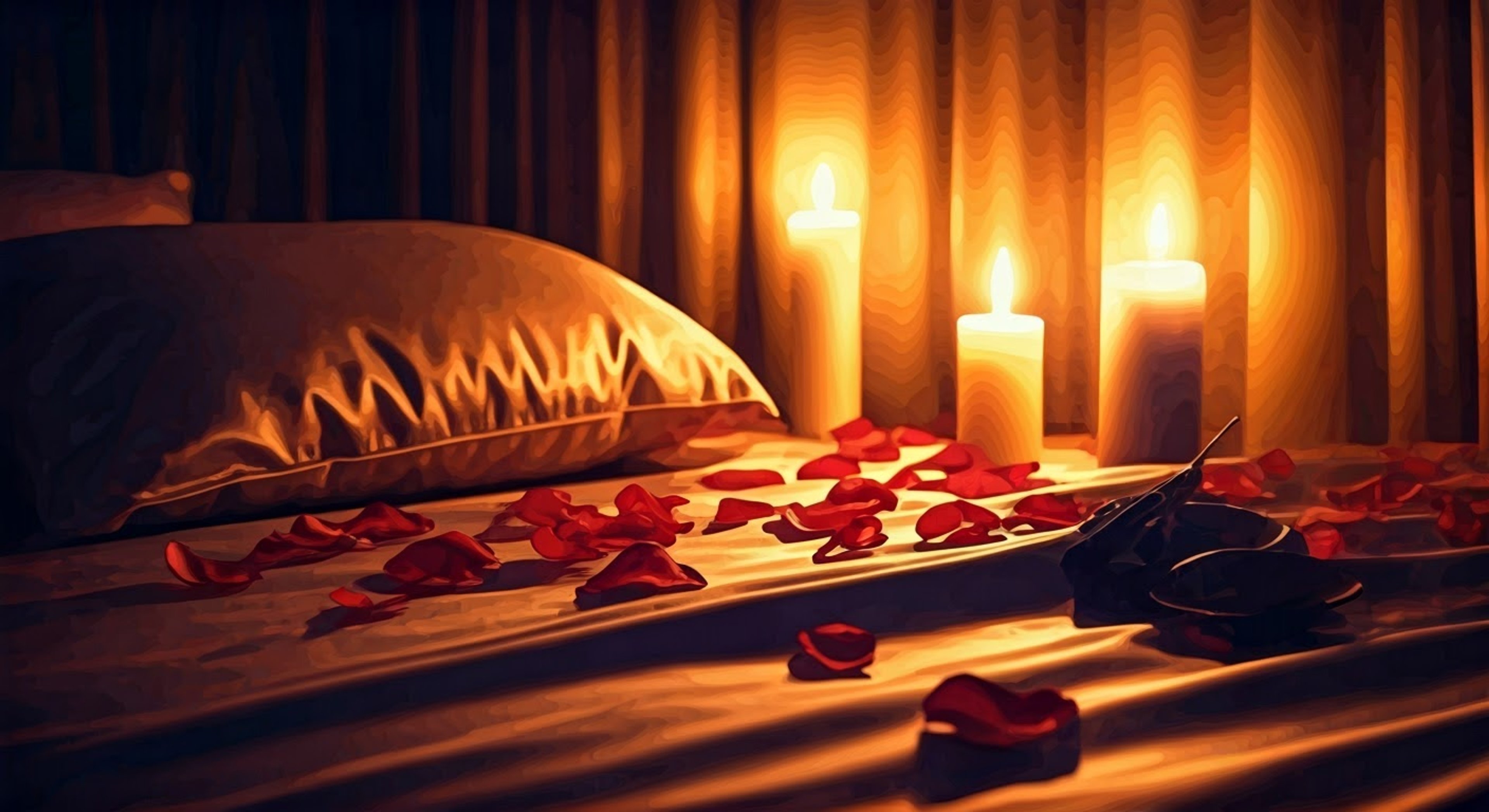 Dimly lit bedroom with silk sheets, scattered rose petals, and multiple lit candles creating a warm ambiance. Lavender incense burns in the corner.