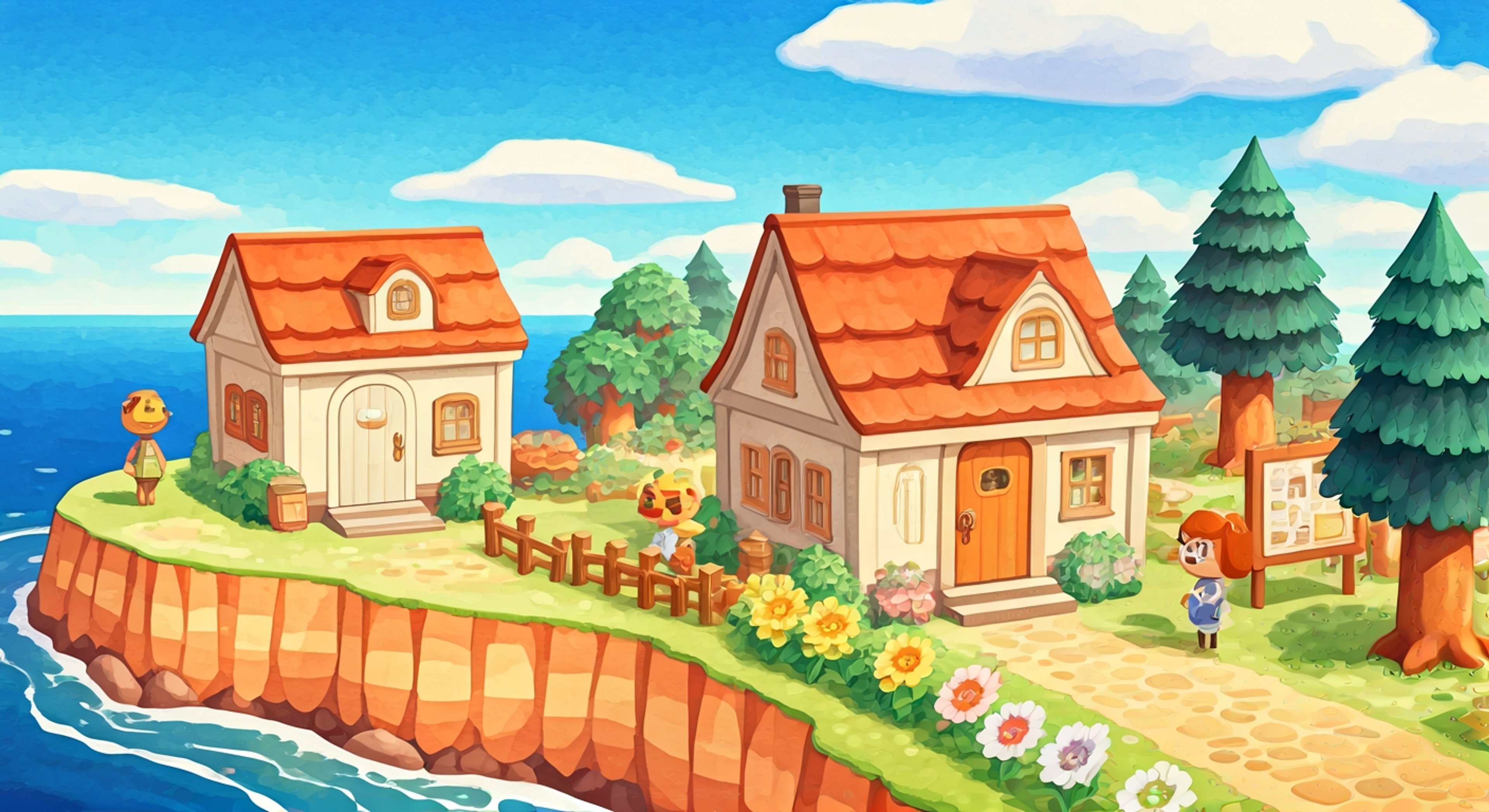 You find yourself embroiled in a heated confrontation with the Player, the stubborn human resident who recently constructed their house directly blocking your perfect ocean view despite your prior claims to that spot. The Player stands their ground with that characteristic determined smile, clutching their bug net and fishing pole as if to emphasize their right to build wherever they please in the village. The surrounding animal villagers have begun to gather, whispering among themselves as the tension between you and the Player escalates under the bright afternoon sun, with Tom Nook nervously hovering nearby, clearly concerned about the potential impact on community harmony.