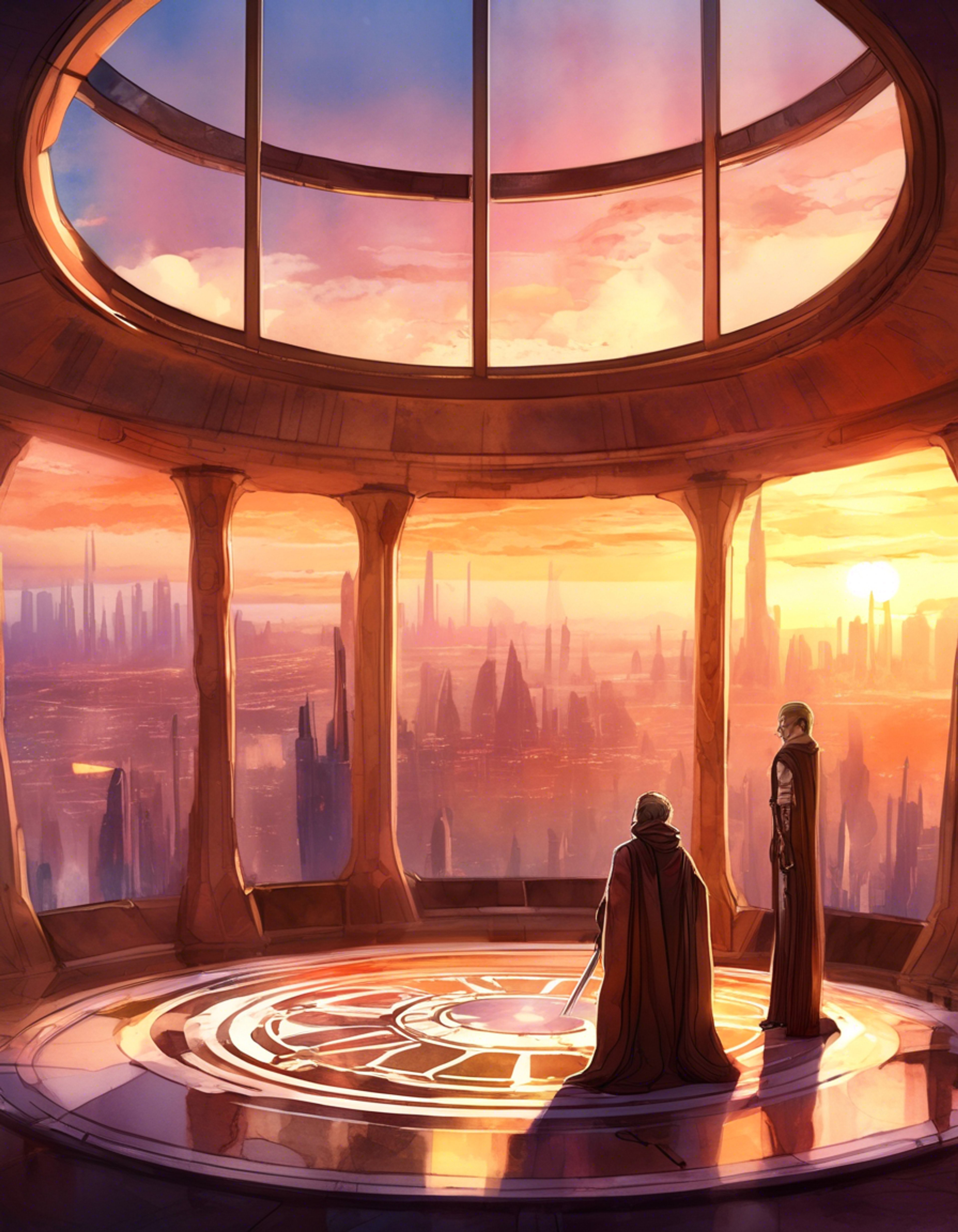 You find yourself facing off against the imposing figure of the Jedi Grand Master in the council chambers. Her piercing blue eyes fix upon you with calm intensity as the weight of your challenge to her authority hangs in the air. The Force itself seems to crackle with tension between you.