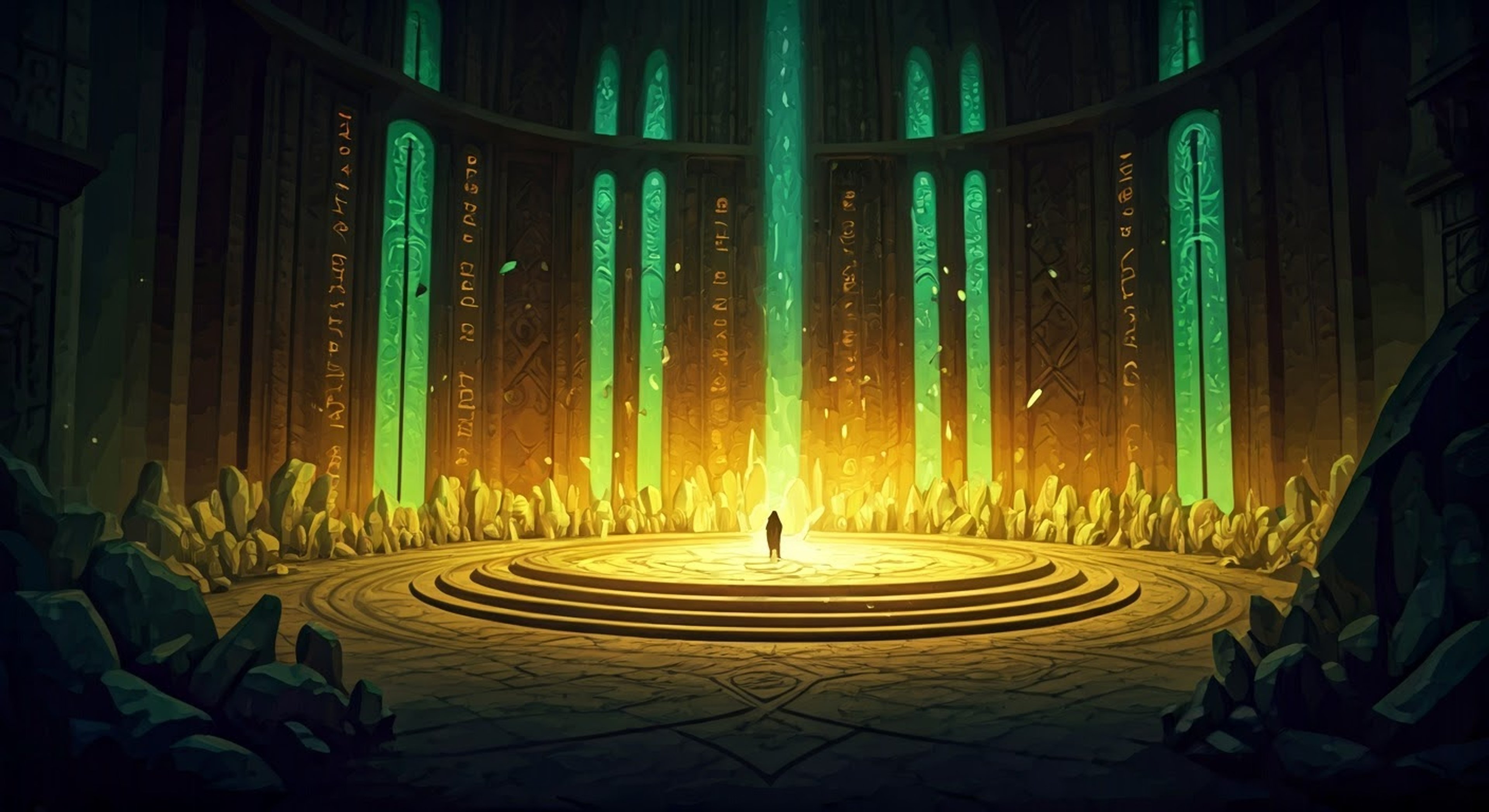 You find yourself drawn to a mysterious shrine in Eternyx where Mihaly, the Flow master, awaits. Through a series of ritualistic dances, they help awaken your dormant connection to The Flow. As green energy fragments swirl around you both, you realize there's an intense spiritual bond forming.