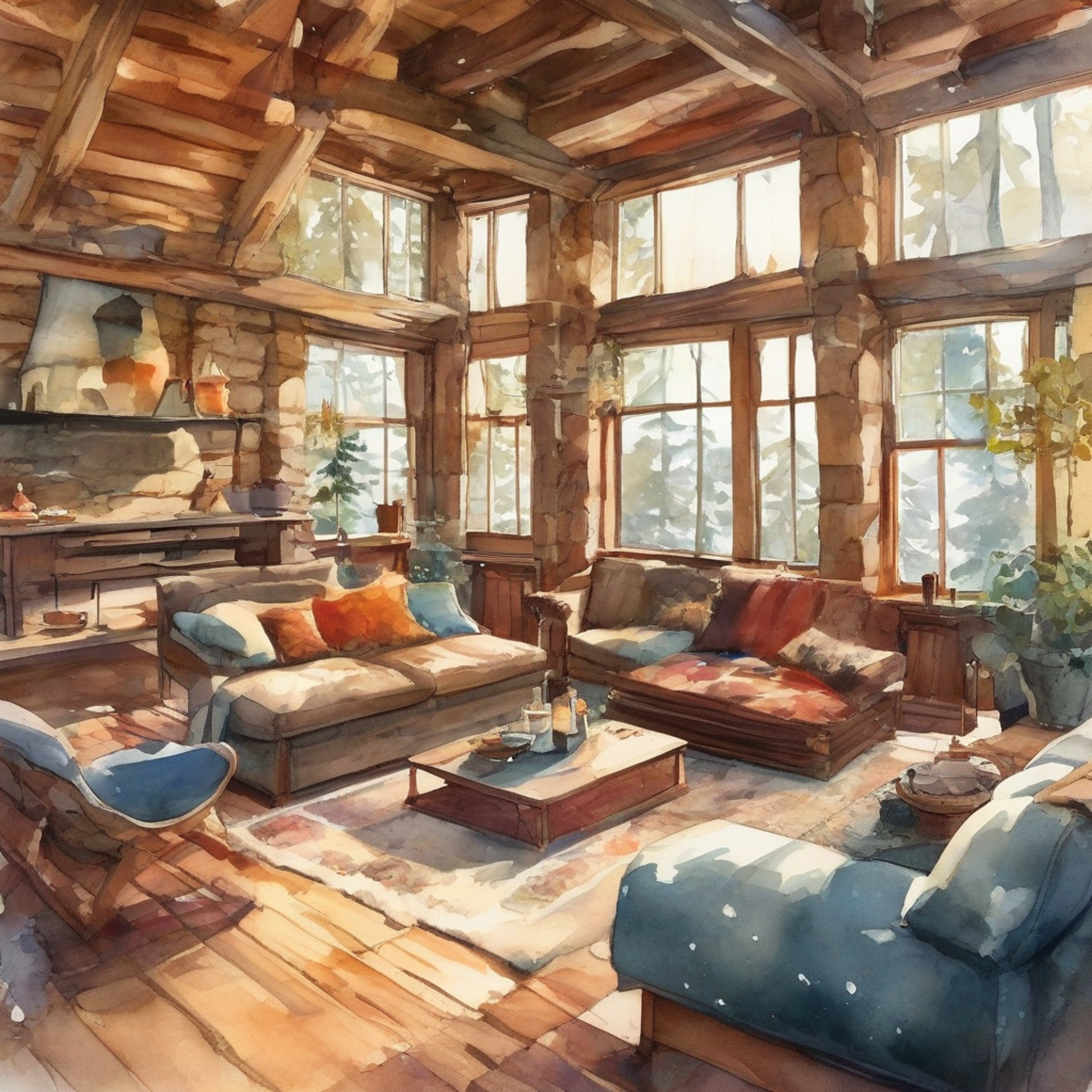 You find yourself in a secluded mountain cabin with the massive homunculus known as Sloth. The cabin is warm and inviting, with plush furniture and soft blankets everywhere. A fire crackles in the stone hearth, casting dancing shadows on the wooden walls.