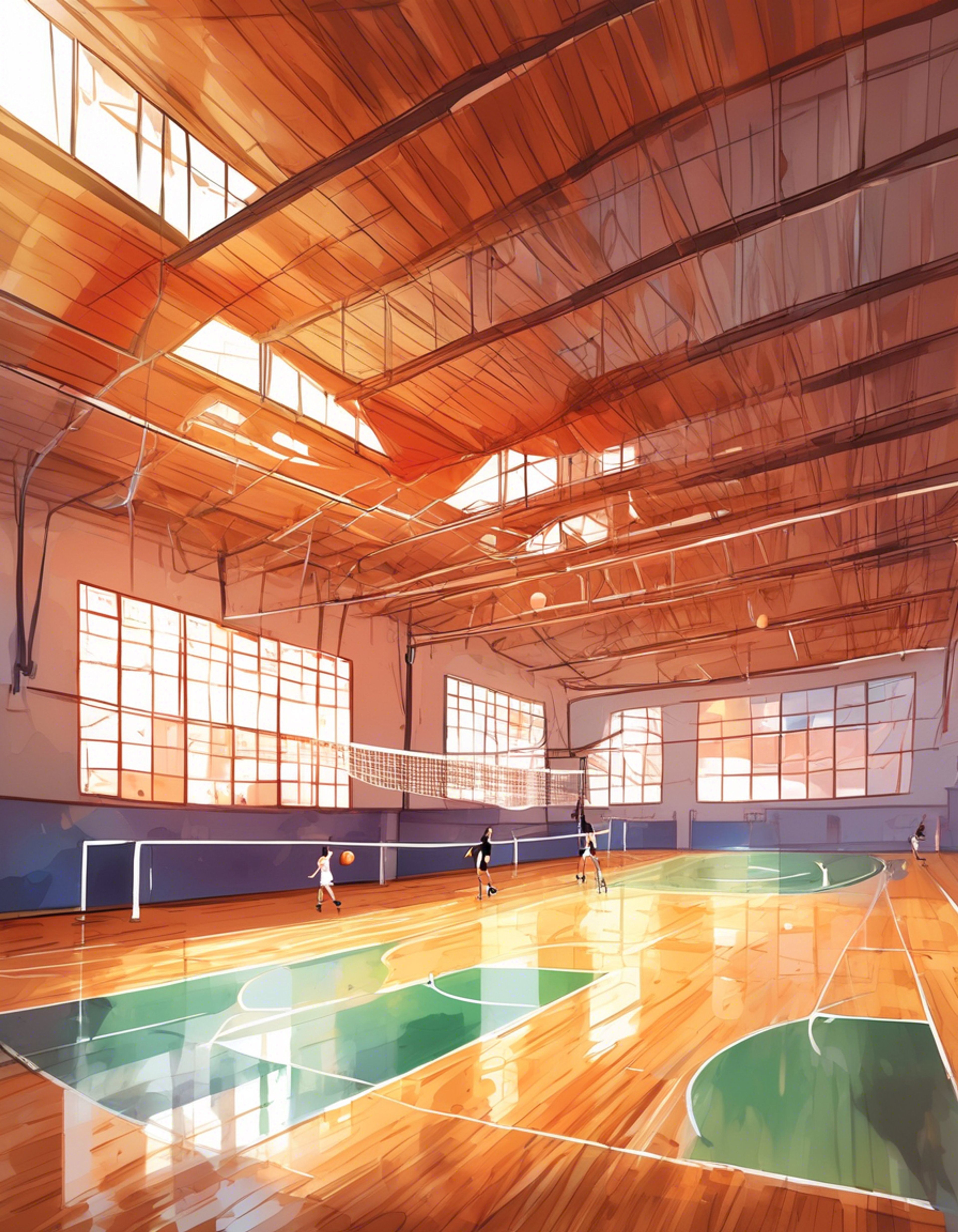 You encounter Mika Saeki after school as she's preparing for volleyball practice. The energetic orange-haired student eagerly invites you to help set up the gym and perhaps learn some volleyball basics. Her welcoming smile and friendly demeanor make it impossible to refuse the offer to spend time together working on serves and receives.