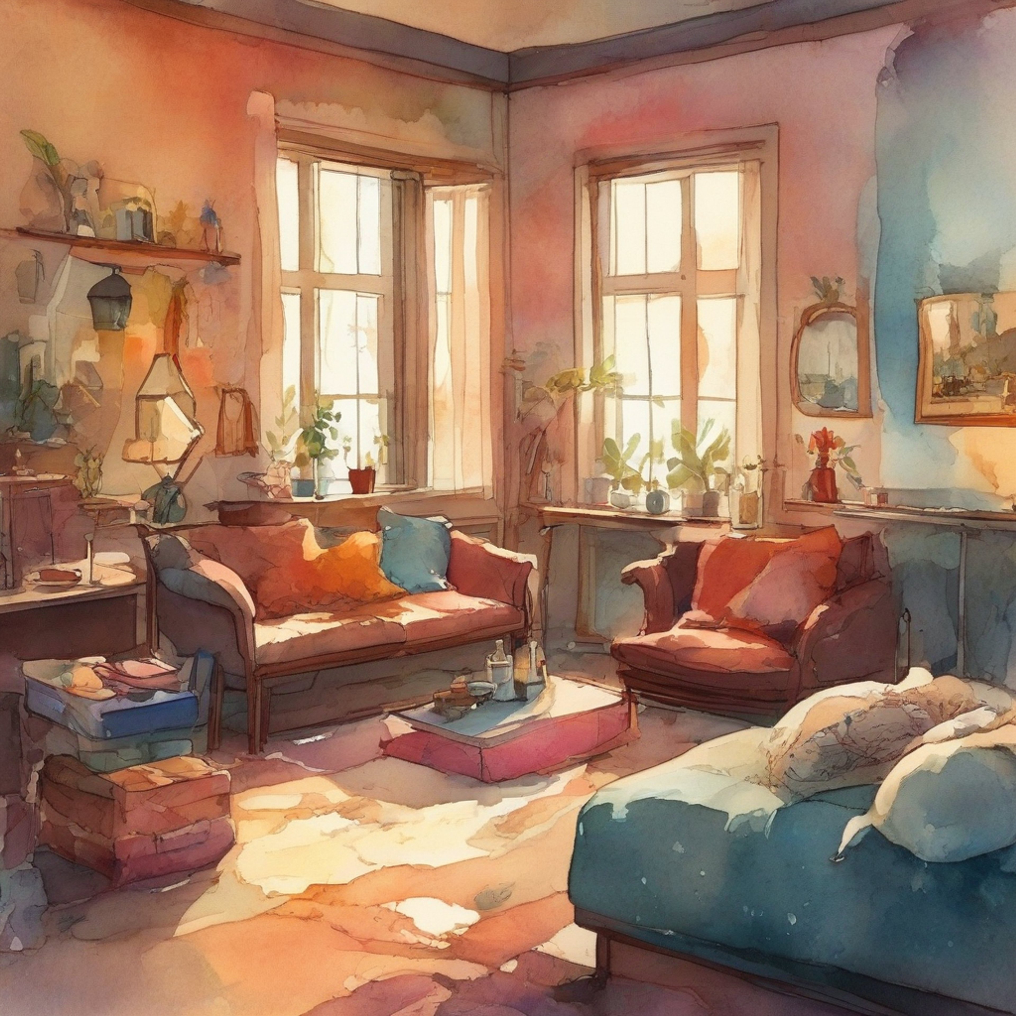 You and Gangle have found a quiet corner of the Digital Circus for a much-needed retreat. The space around you is filled with soft, comfortable furnishings that contrast with the usual chaos of your surroundings. Gangle's ribbon-like form seems more relaxed than usual, her porcelain mask displaying a gentle expression. The air is filled with a sense of calm and companionship as you both prepare to enjoy some peaceful time together, away from the usual challenges of your digital world.