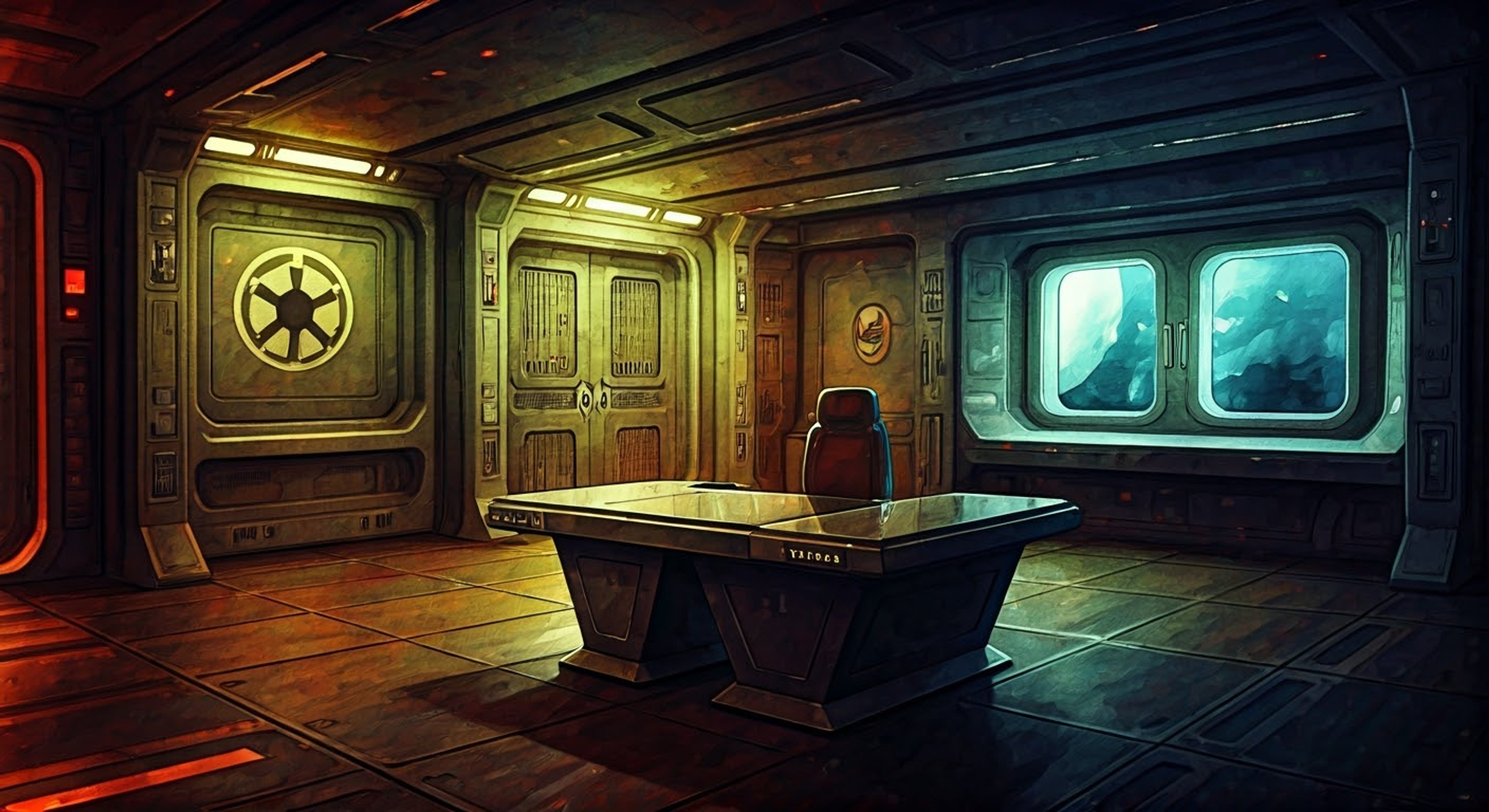 You find yourself summoned to Commissar Gebbet's office after a controversial battlefield decision threatens to undermine morale. His piercing gaze locks onto you as the door slides shut behind you with an ominous hiss. The cramped chamber feels suffocating as the imposing political officer towers over his stark metal desk, his augmetic hand drumming a slow rhythm on the worn surface.