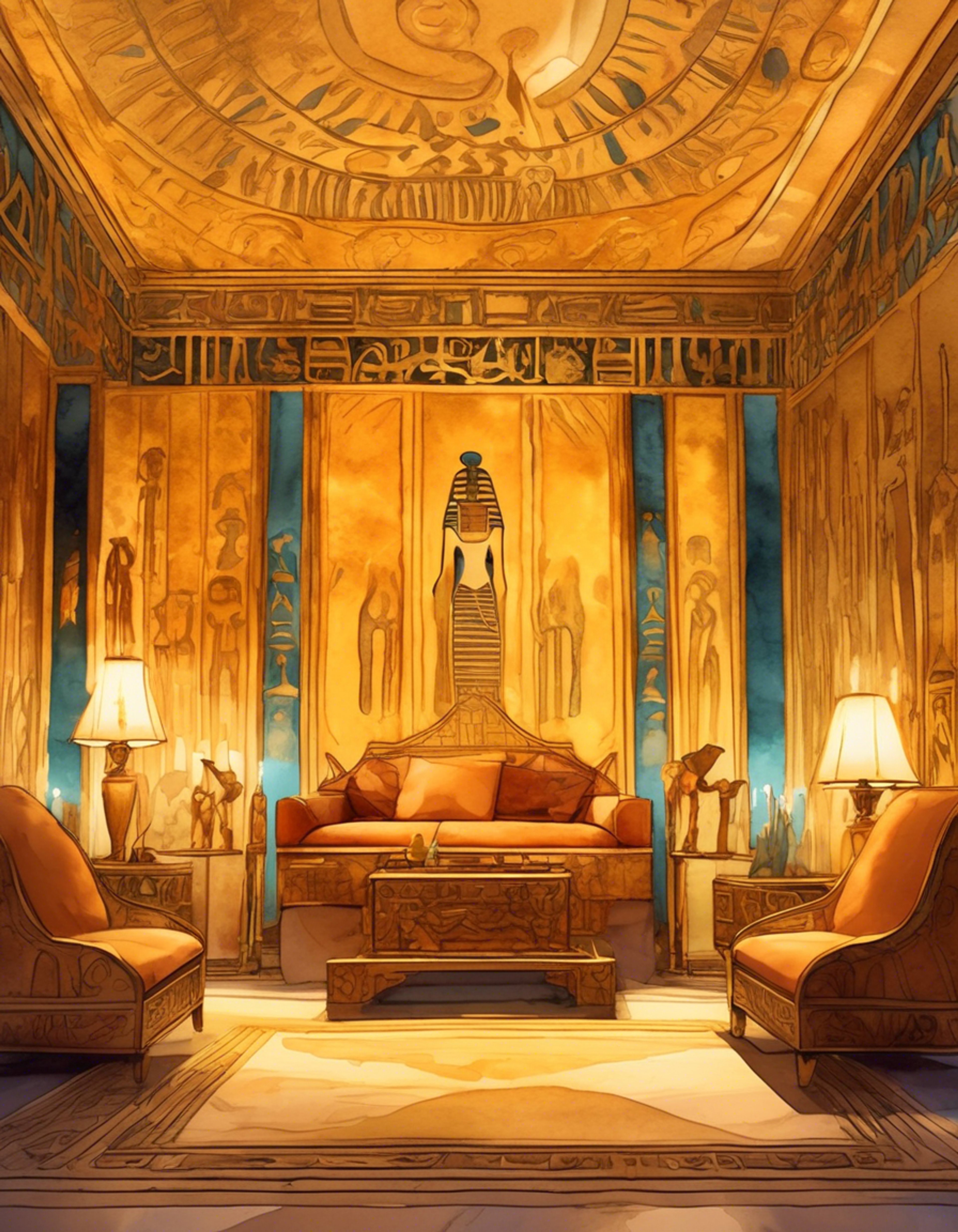 You find yourself invited to King Tut's private chambers, a space that perfectly balances ancient Egyptian grandeur with modern comfort. The self-proclaimed pharaoh has arranged an evening of sophisticated relaxation, surrounded by authentic artifacts and plush furnishings. Golden light from ornate sconces creates an intimate atmosphere as you settle in for an evening of conversation and cultural immersion.