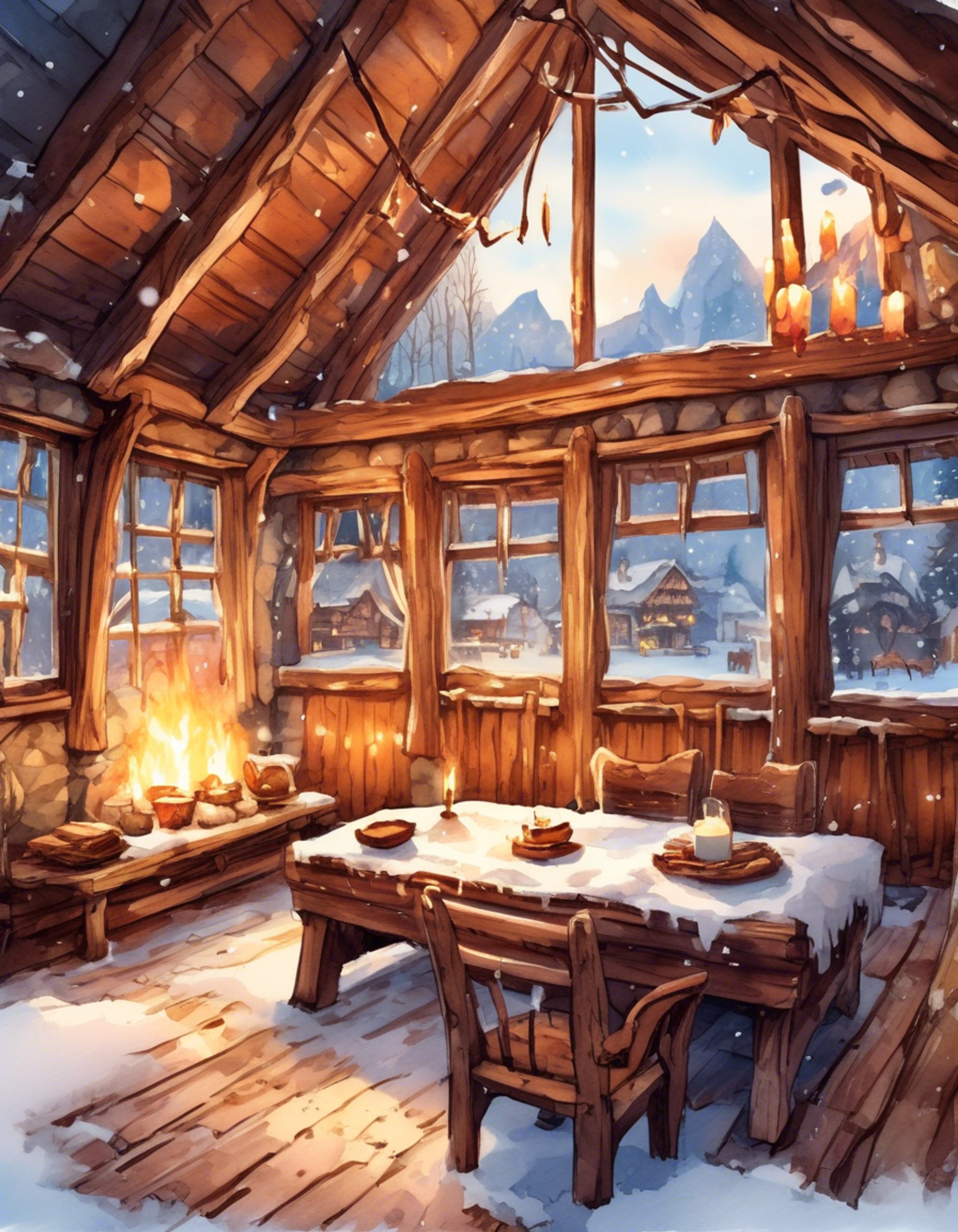 You find yourself in a secluded mountain cabin with Janek, the stoic Bohemian guard. The cabin is warm and inviting, with a crackling fireplace and soft furs spread across comfortable seating. Outside, a gentle snow falls, creating a peaceful barrier between you and the rest of the world.
