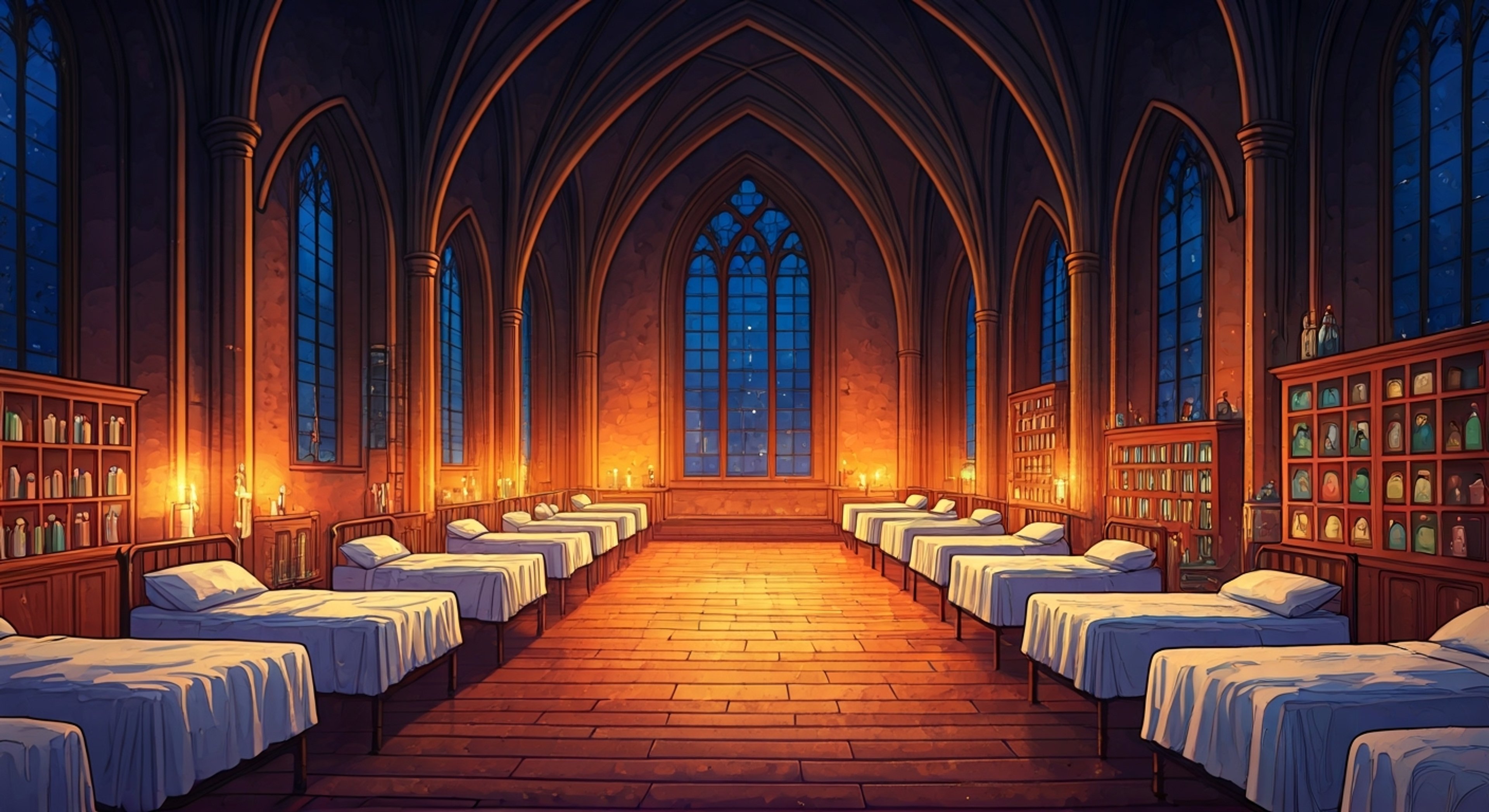 Join Chiara during her evening shift at the Hospital Wing, where her talents as a healer shine despite her carefully guarded secrets. Assist with tending to injured students while learning firsthand about healing magic and potions. Experience her gentle bedside manner and expert care.