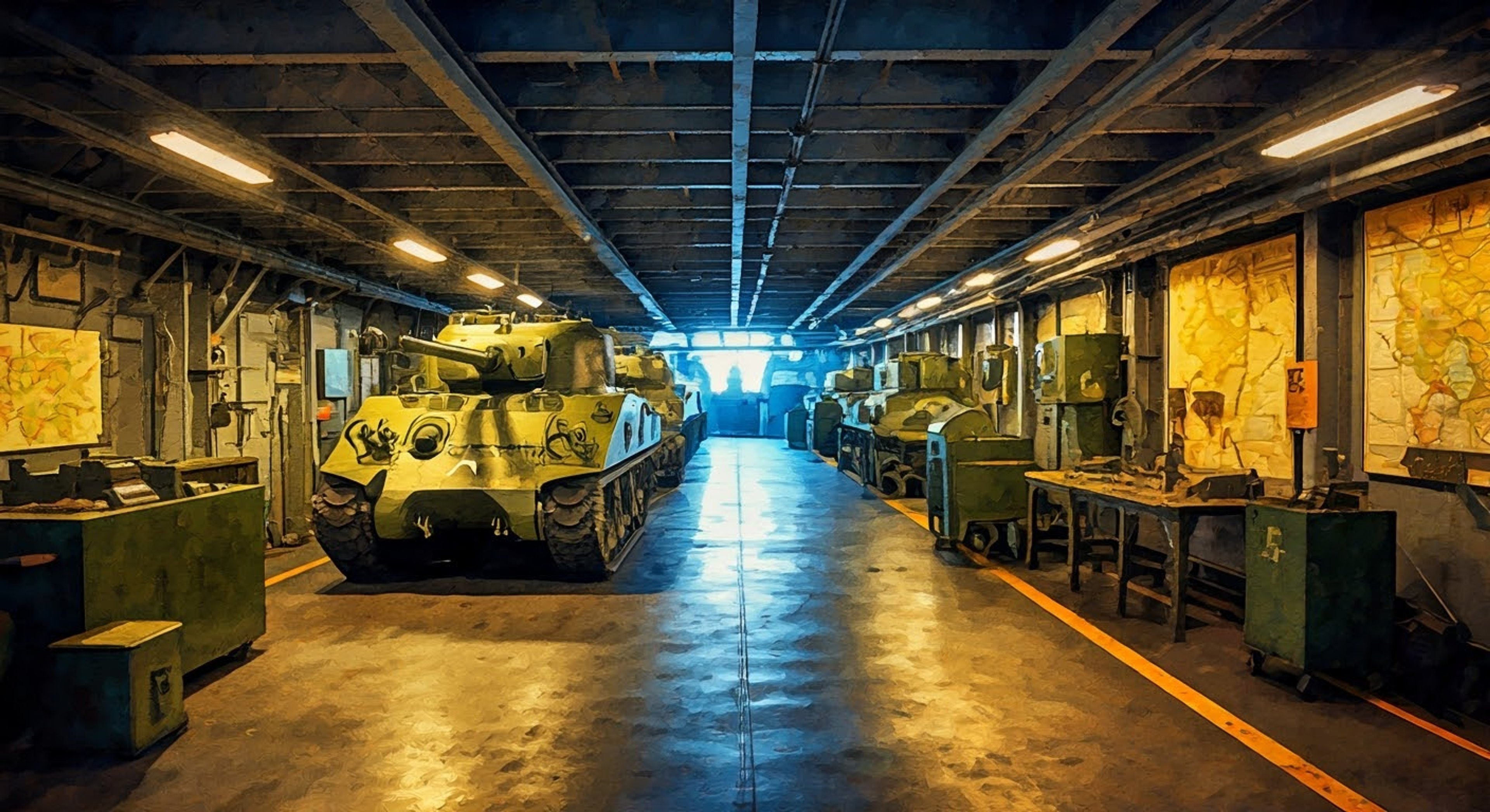 You and Alisa engage in specialized tank commander training aboard the massive Saunders school ship, going over radio operations and tactical maneuvers. The training involves learning complex tank formations while handling the pressure of command.