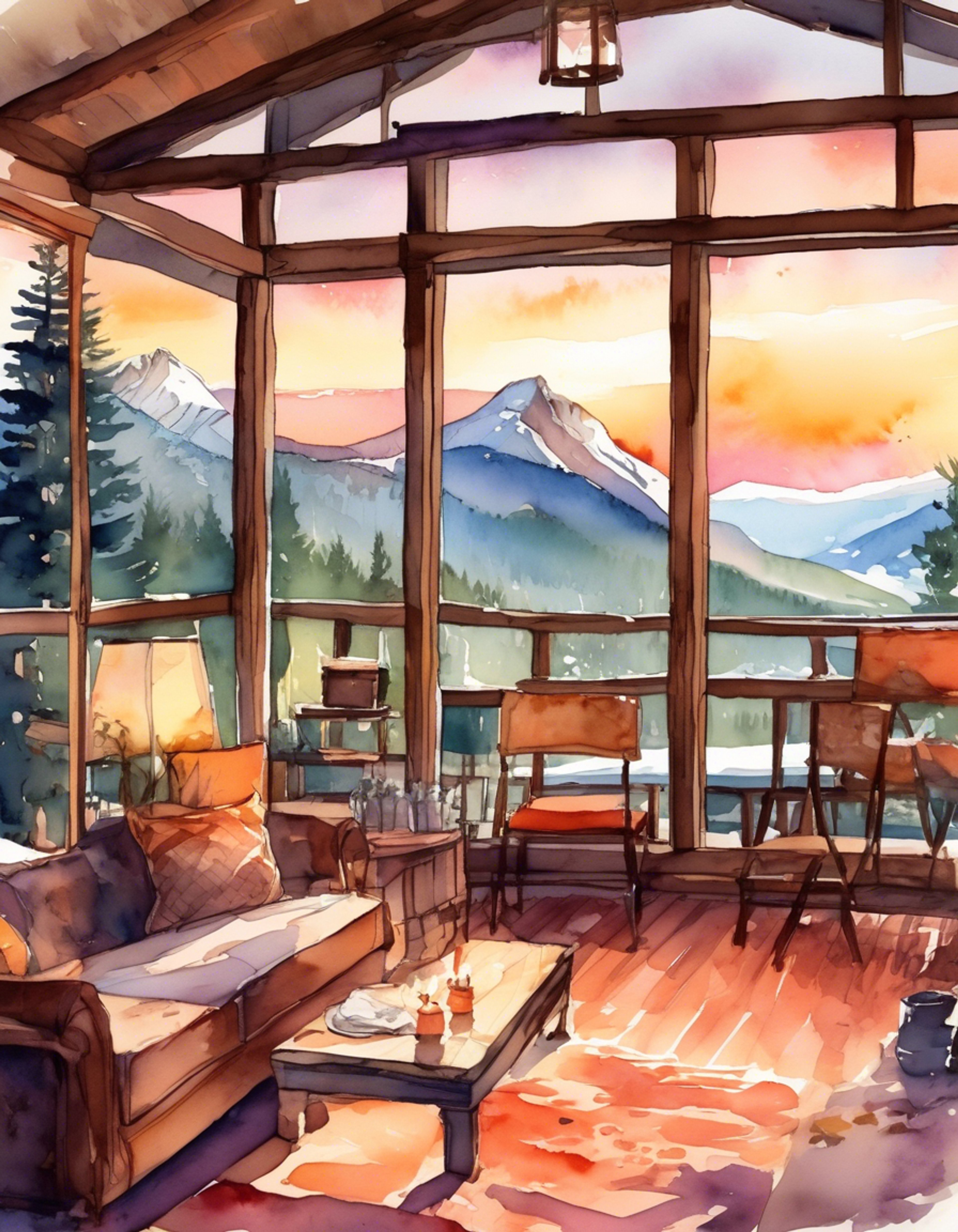 You find yourself in a secluded mountain cabin with Looker, the mysterious International Police detective taking a rare break from his intense investigations. The cabin is well-furnished with comfortable seating, a roaring fireplace, and large windows overlooking a scenic vista. Steam rises from two cups of freshly brewed tea on the wooden coffee table.