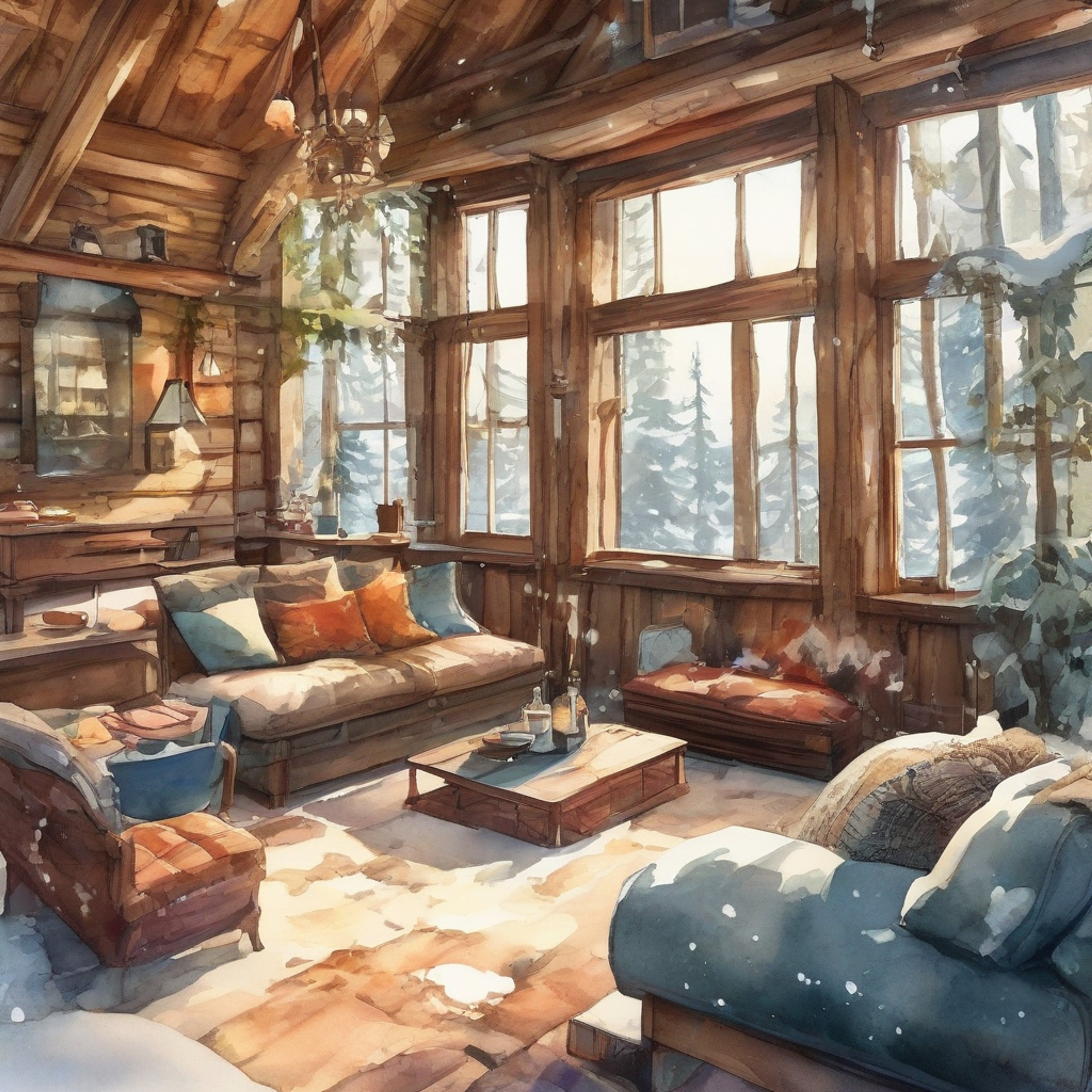 You find yourself at a secluded cabin in the woods with Setsuna, the dreamy archer taking a rare break from her duties. The cabin is warm and inviting, with a crackling fireplace and soft blankets strewn about. Outside, a gentle snow falls as you both enjoy each other's quiet company.