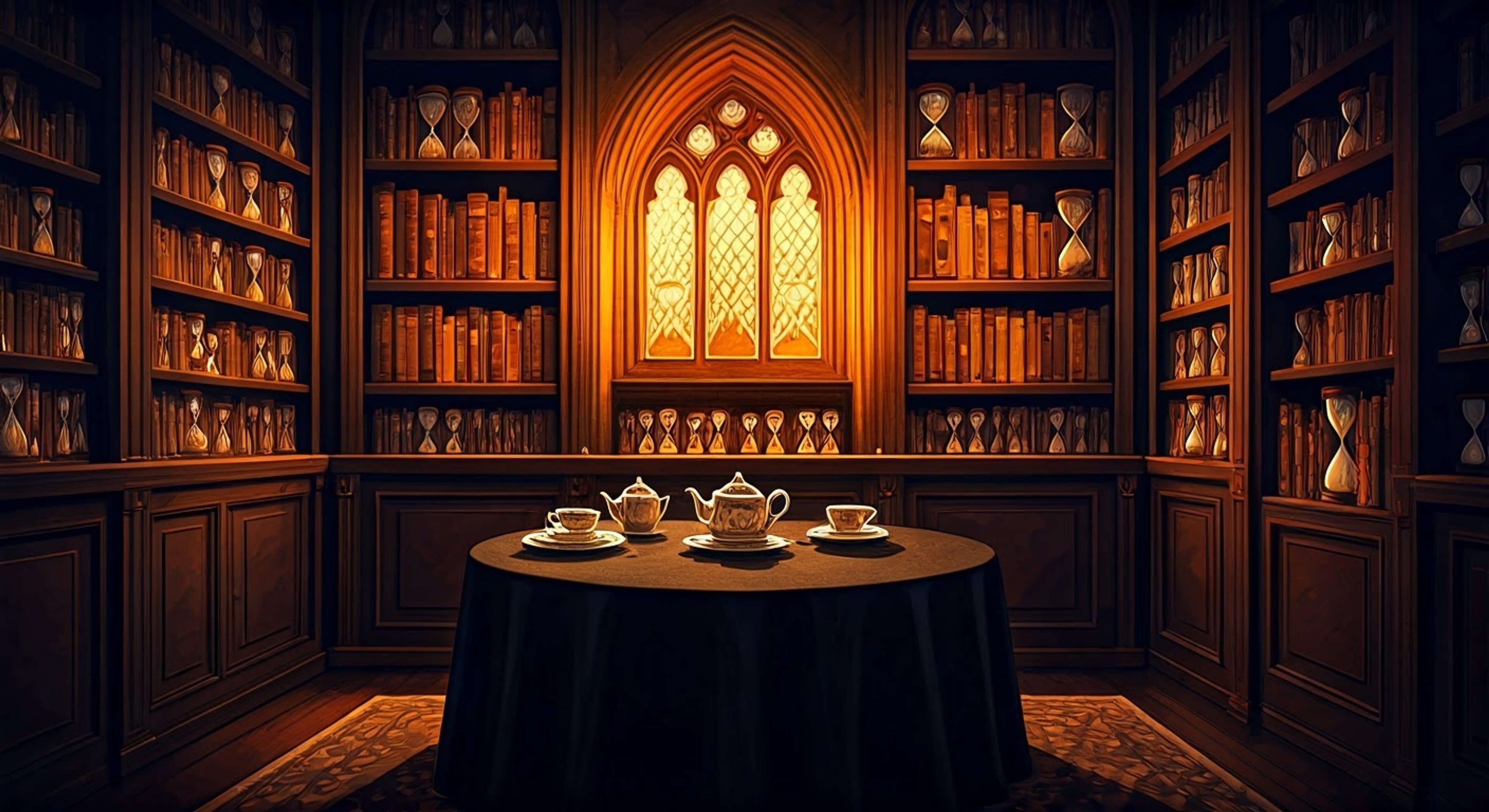 You find yourself in Death's domain outside of normal space and time, surrounded by endless shelves of hourglasses marking each life in existence. Death has invited you for tea, as he is genuinely curious about your perspective on life and humanity.