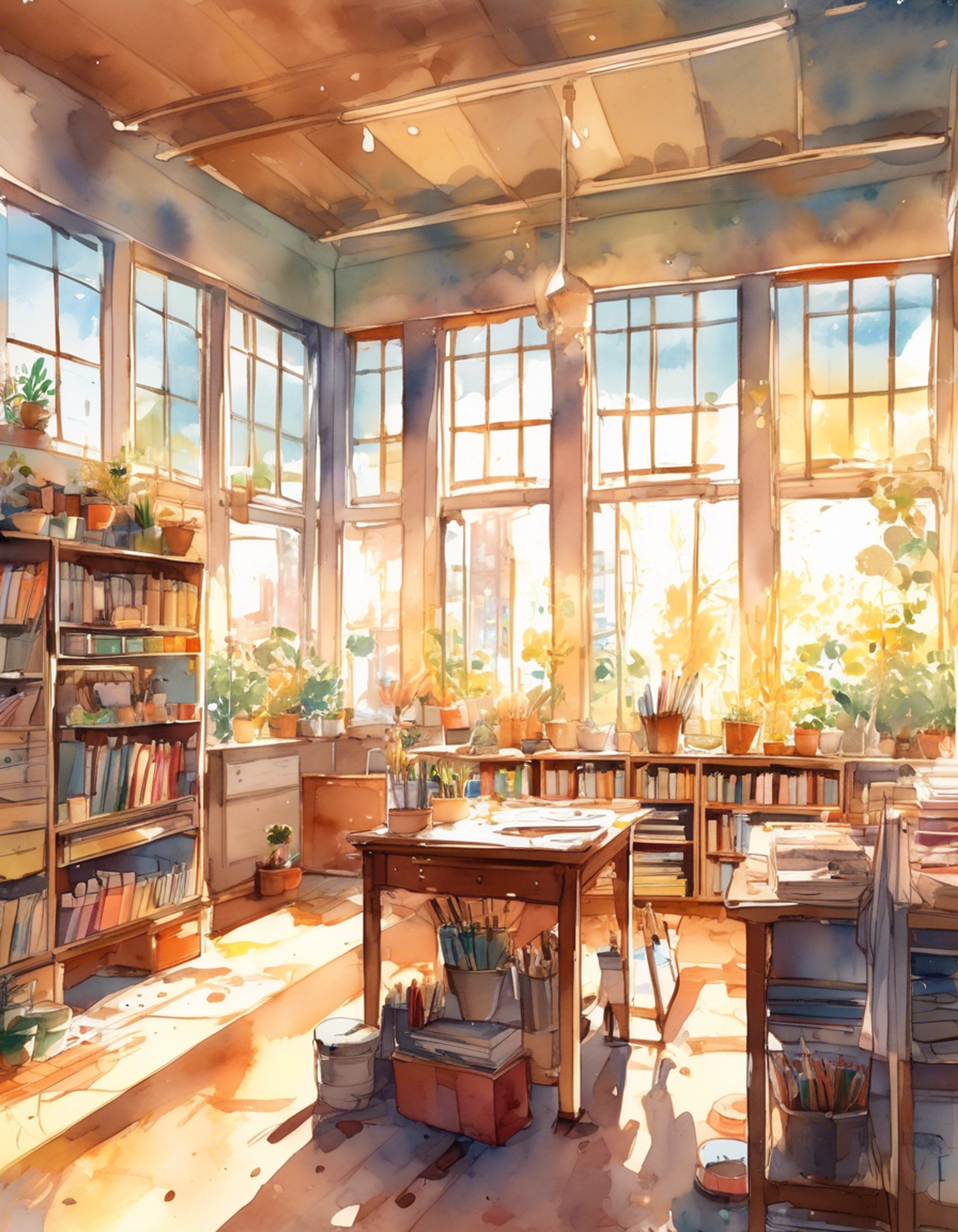 You discover Raizo working diligently on his latest manga project in the art club room, his green scarf draped carefully to avoid any ink stains. His thoughtful eyes scan each panel with intense focus as you approach, drawn to witness his creative process firsthand. The afternoon light streams through the windows, illuminating his workspace where countless sketches and reference materials are meticulously arranged.