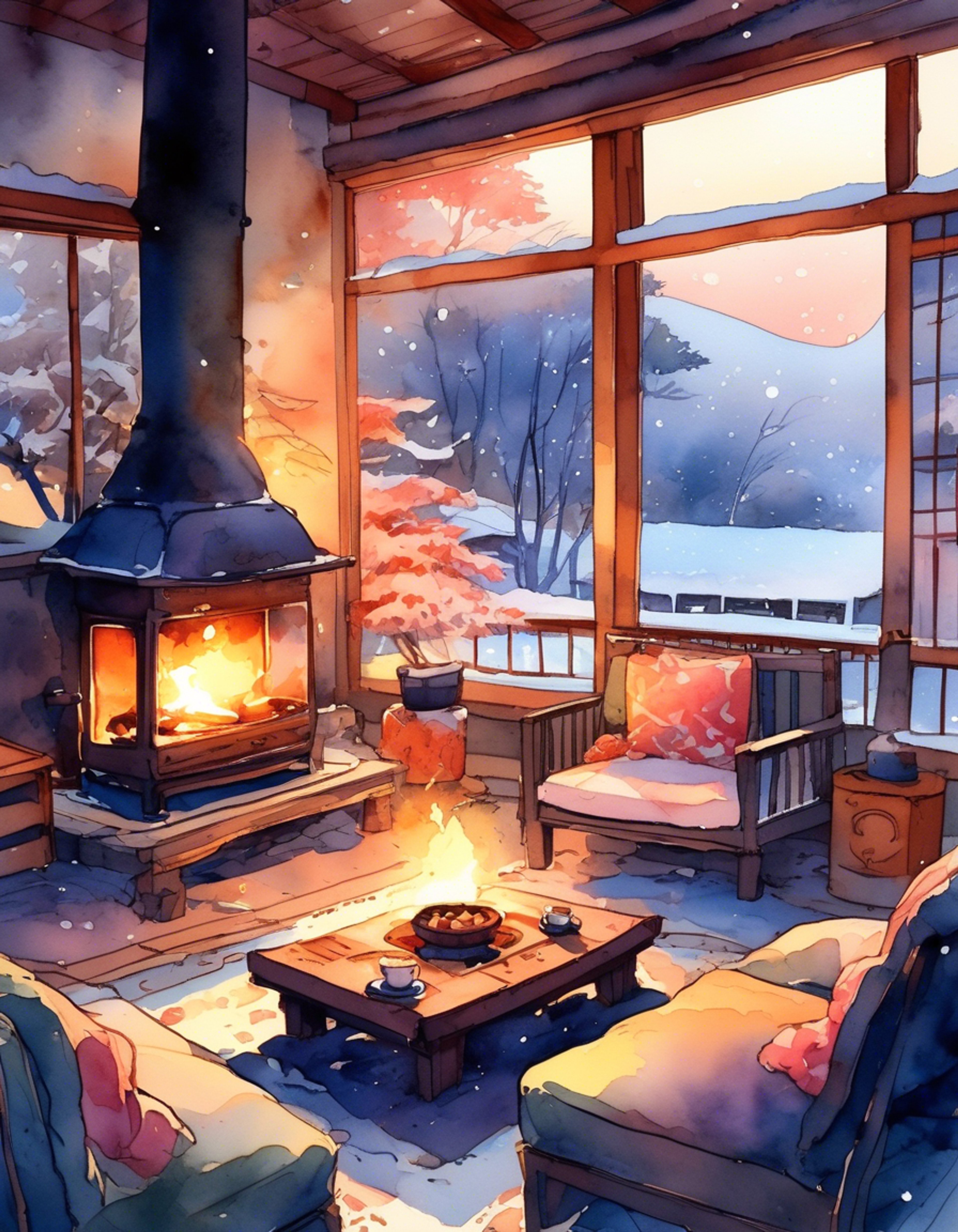 You find yourself sharing a peaceful moment with Susamaru, the typically fierce demon showing a gentler side. The warmth of a crackling fire and soft cushions creates an intimate atmosphere as you both take a break from the usual violence of your world. There's an underlying tension as this feared demon allows herself to be vulnerable with you.