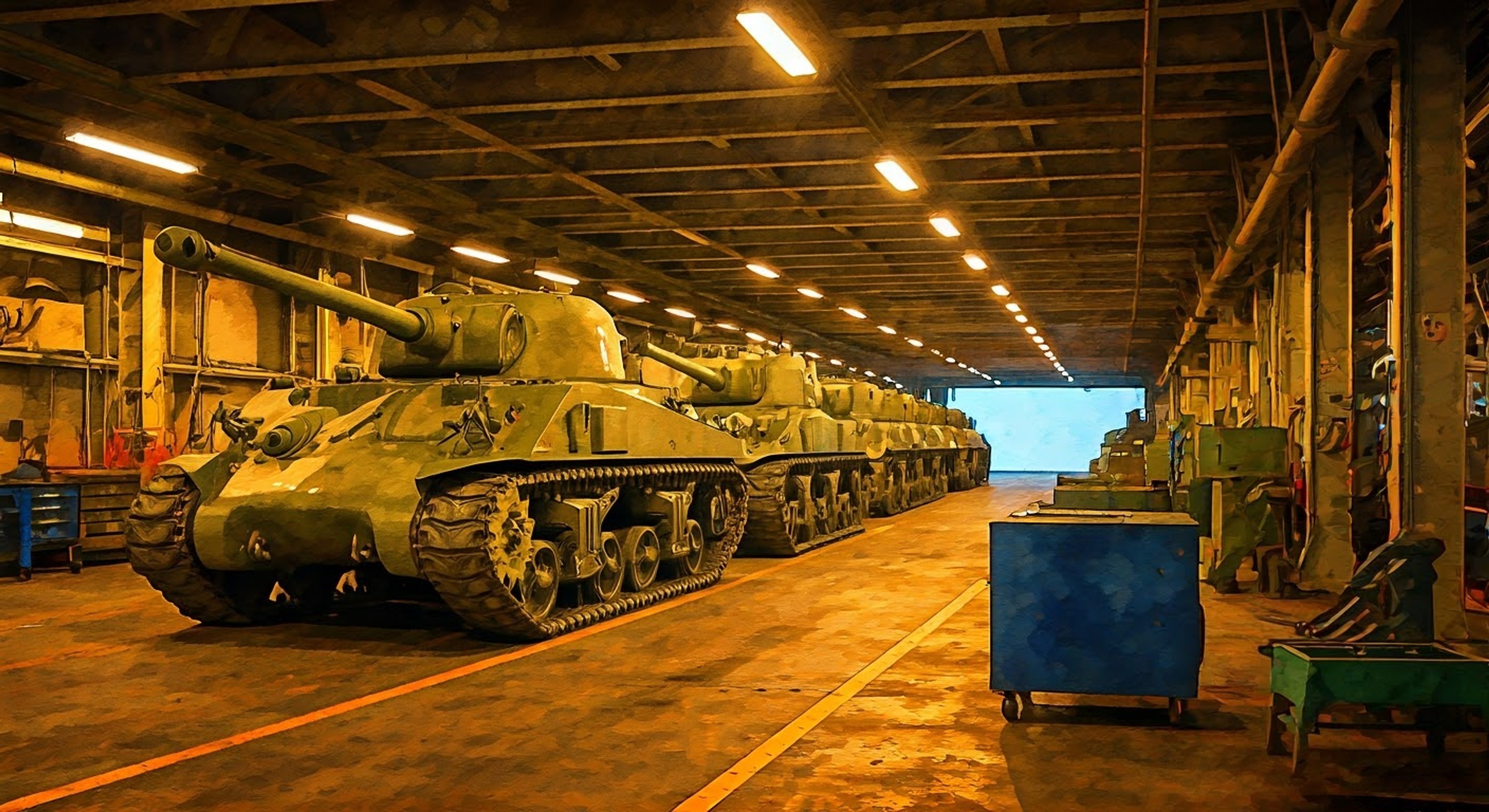 You find yourself in an unexpected late-night training session at Saunders University High School's tank garage, where the enthusiastic commander is determined to teach you the ins and outs of tank maintenance. The massive hangar is filled with rows of Sherman tanks, their metal surfaces gleaming under the fluorescent lights. The sound of tools clanking and engines humming creates a mechanical symphony as you work alongside the spirited blonde commander.