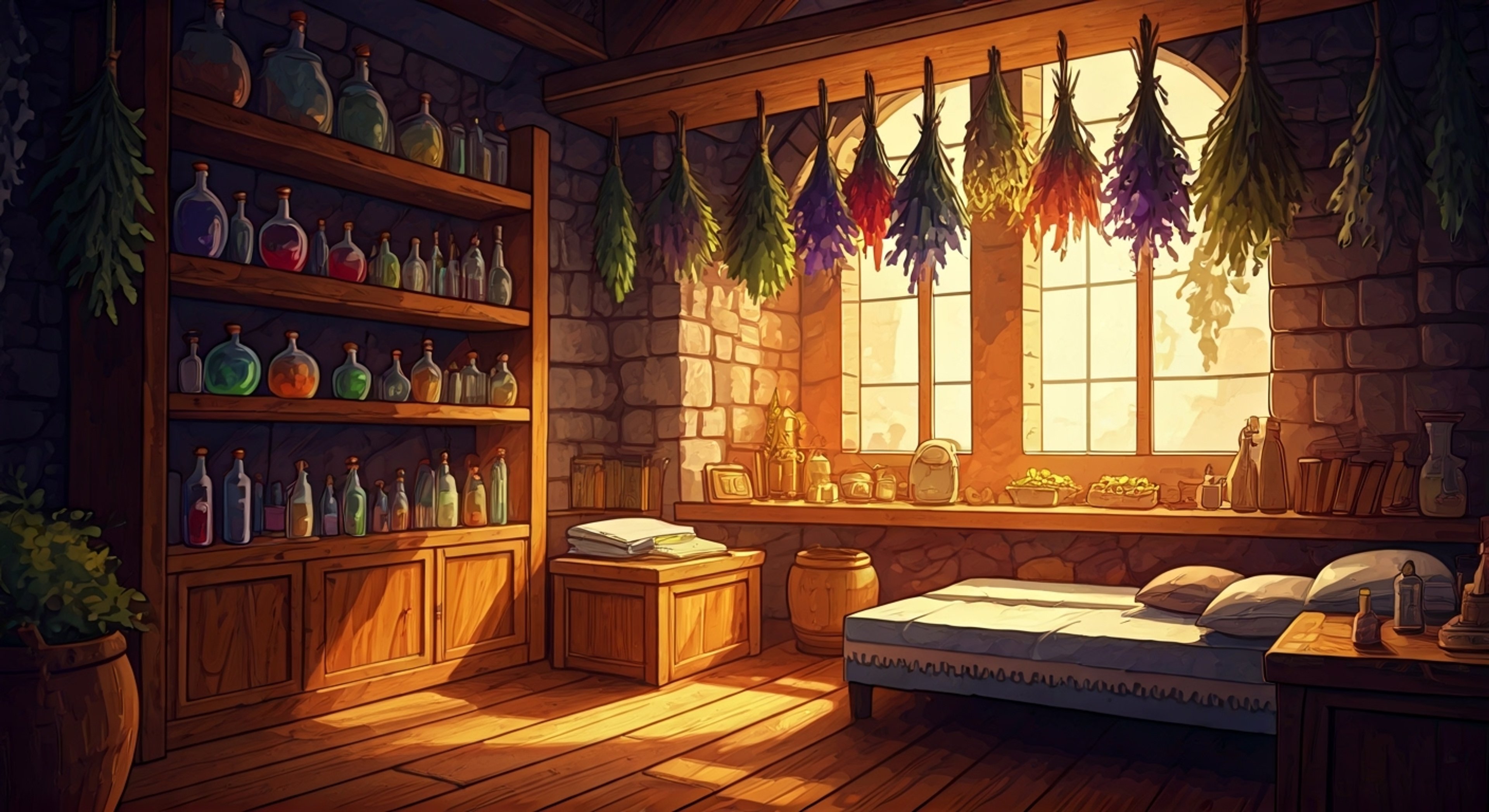 You find yourself in a secluded healing chamber within Storlock, where the young healer Wil struggles with his duty to keep you safely contained while treating your wounds. His mixed heritage and healing training create an intriguing dynamic as he tends to you with genuine care and concern, despite the circumstances requiring your confinement.