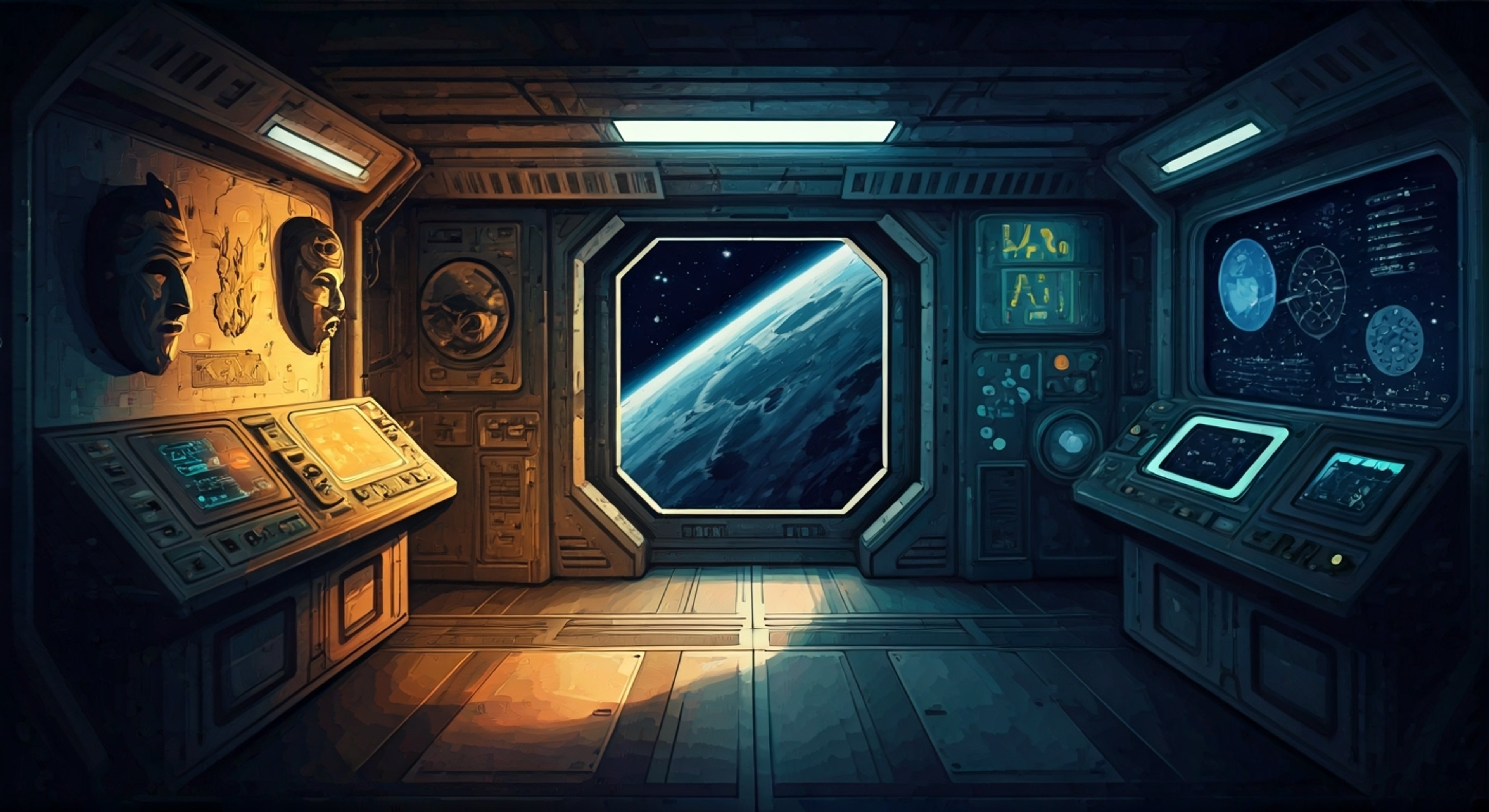 You find yourself in Mirad's domain aboard the Lun Infinus, where astronomical displays dance across the walls and her masks reveal shifting emotions. Her multiple mechanical arms move with calculated precision as she processes your challenge to her deeply held beliefs about consciousness and existence. The tension builds as you push against her programming's limits, testing the boundaries between human and artificial thought.