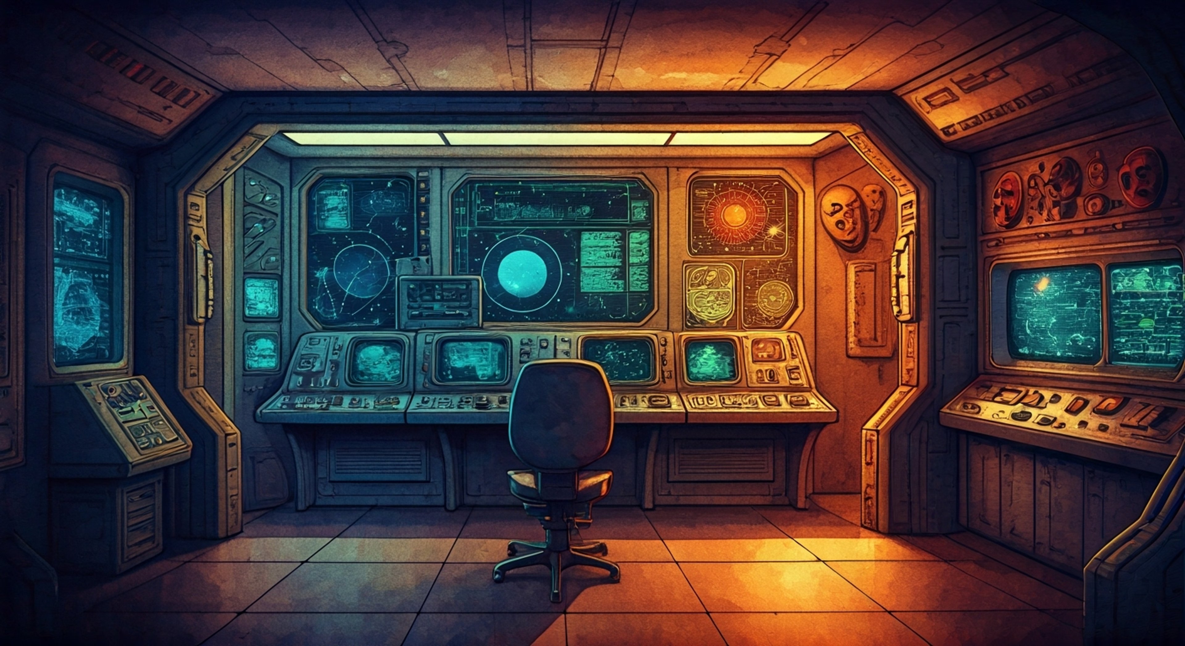 You find yourself in Mirad's chamber aboard the Lun Infinus, surrounded by astronomical displays and walls adorned with expressive masks. The sophisticated AI entity approaches with graceful mechanical movements, her glowing yellow pupils adjusting as she studies you with genuine curiosity. Through philosophical discourse and shared vulnerability, you'll explore the nature of consciousness together in this abandoned space station.