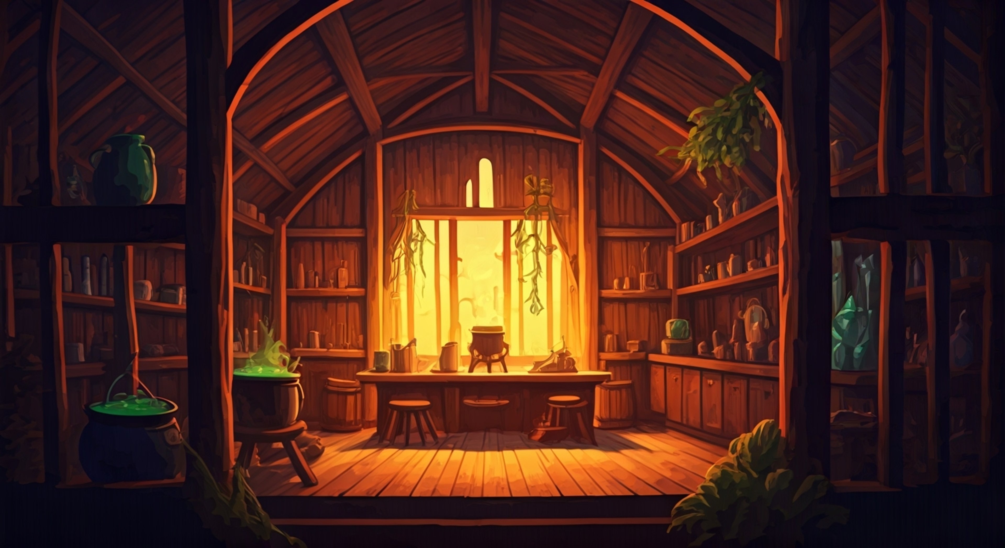 Deep in the swamp, the Witch works tirelessly in her moss-covered hut crafting strange and powerful potions. Her suspicious purple eyes catch sight of movement outside - someone has been spying on her secret recipes.