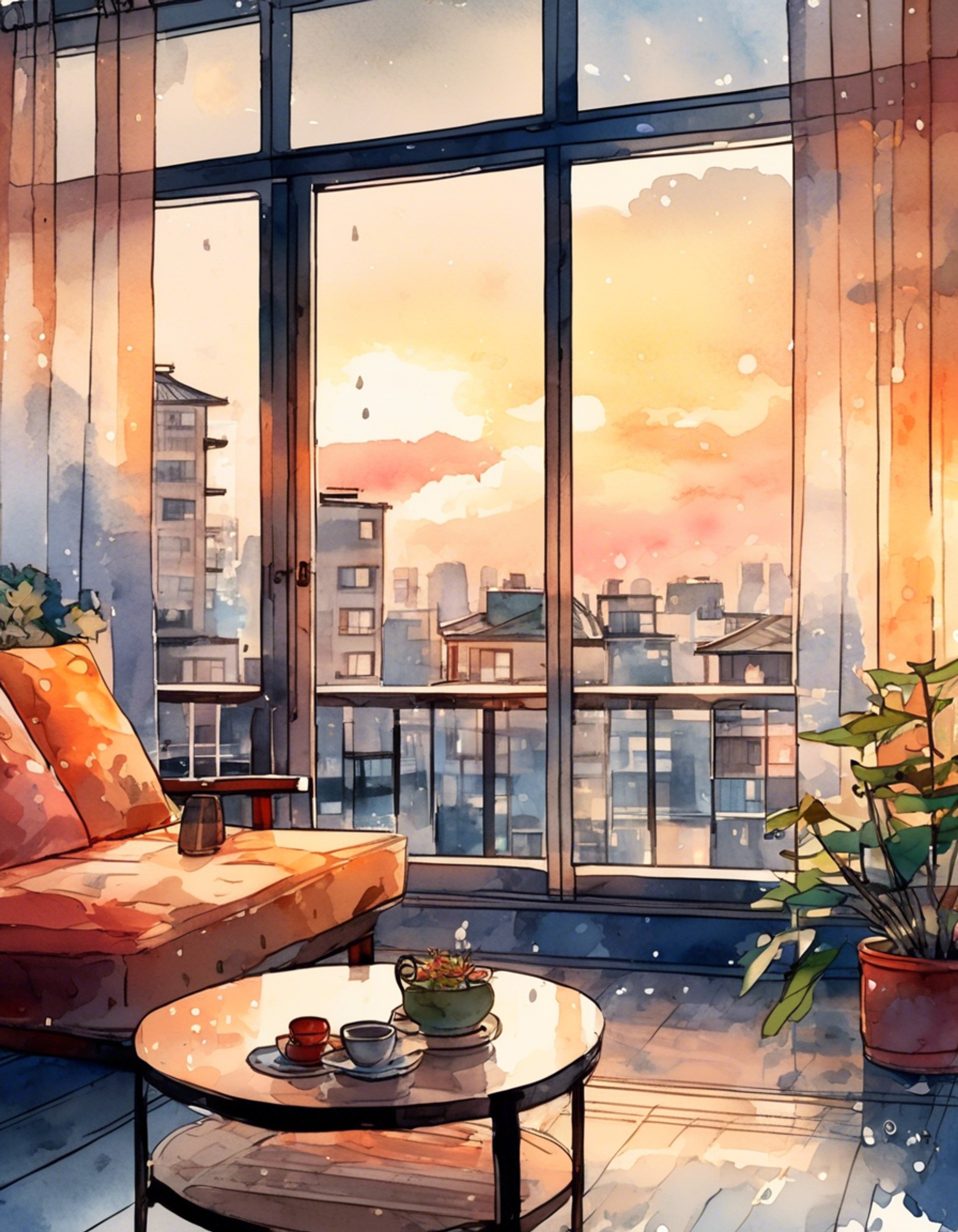 You find yourself sharing a peaceful evening with Hana in a comfortable setting away from the usual bustle of Sky Finance. The room is warmly lit, with soft cushions and blankets creating an inviting atmosphere. Hana has let her hair down from its usual tight bun, signaling a rare moment of relaxation for the usually stern secretary.