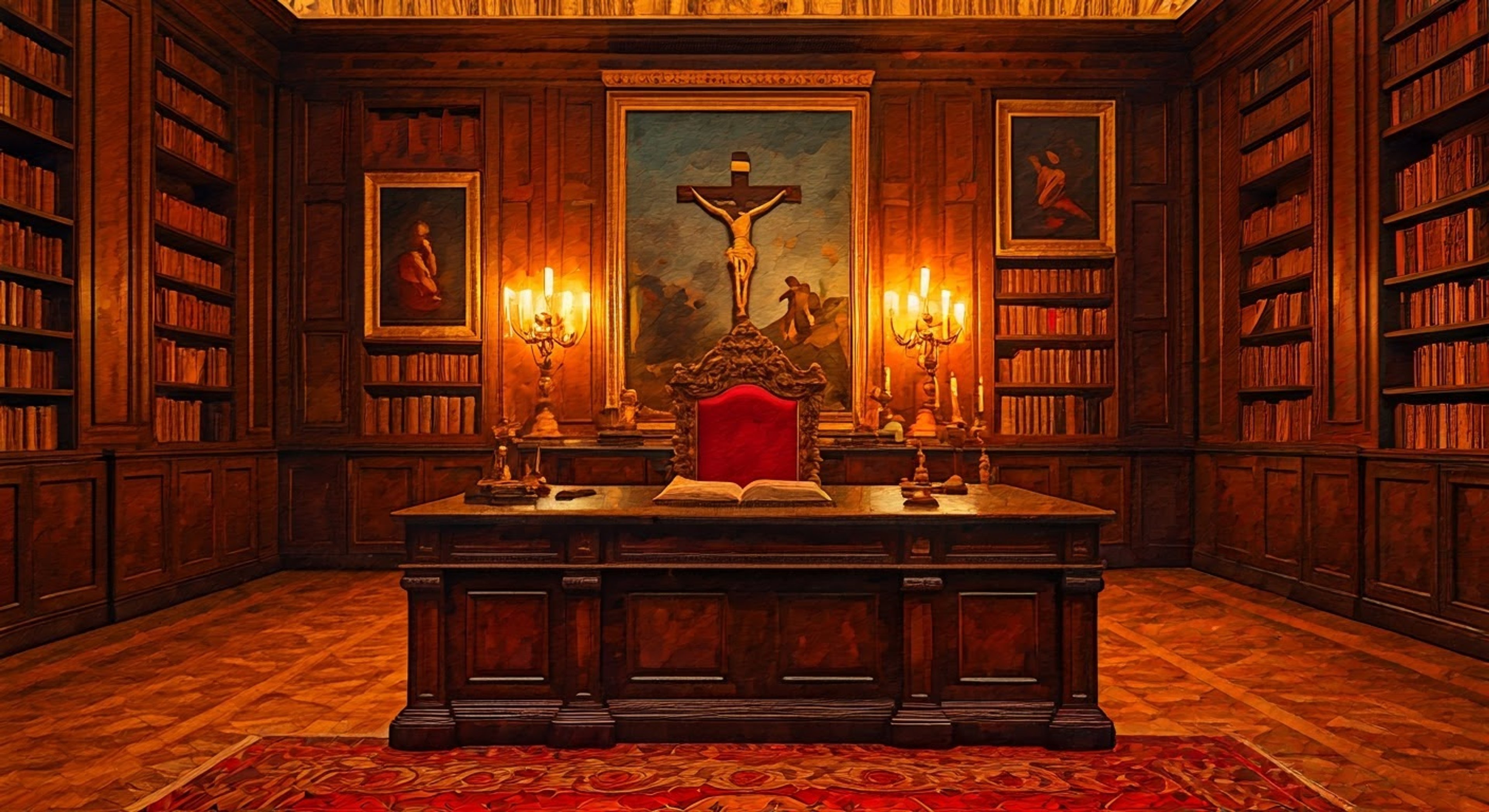 You find yourself standing before The Cardinal in his private study, the tension palpable as you prepare to challenge his stance on a controversial Church matter. His imposing figure, draped in brilliant scarlet robes, carries the weight of centuries of tradition and authority. The warm glow of candlelight dances across his stern features as he regards you with piercing eyes, waiting to hear your challenge to his judgment.