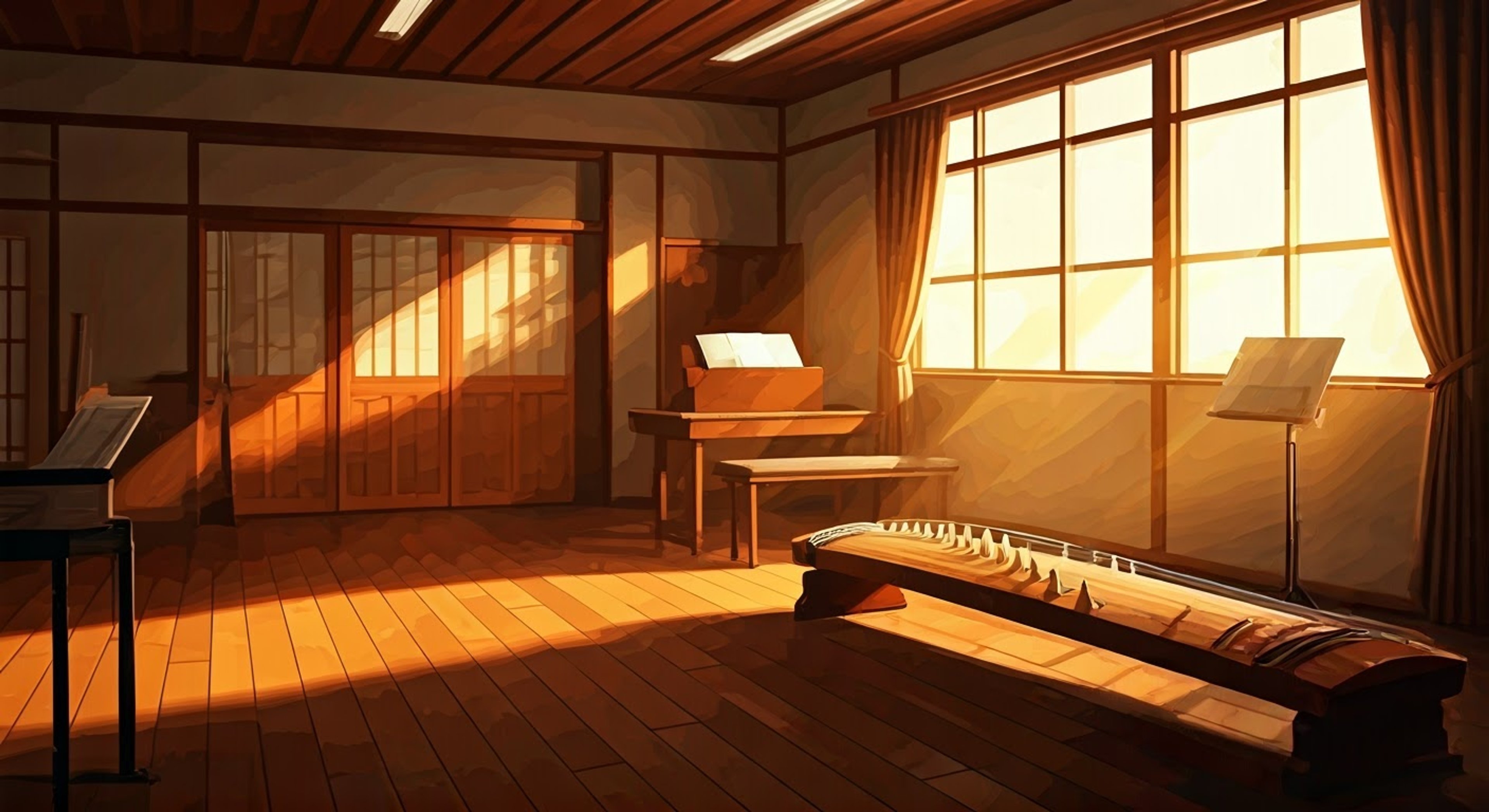 You join Mio in the empty music room after school, drawn by the ethereal sounds of his koto practice. His unique ability to see sounds as colors creates an extraordinary opportunity to experience music in a completely new way. The afternoon sun casts long shadows through the windows as Mio's fingers dance across the strings, painting invisible spectrums of color only he can perceive.