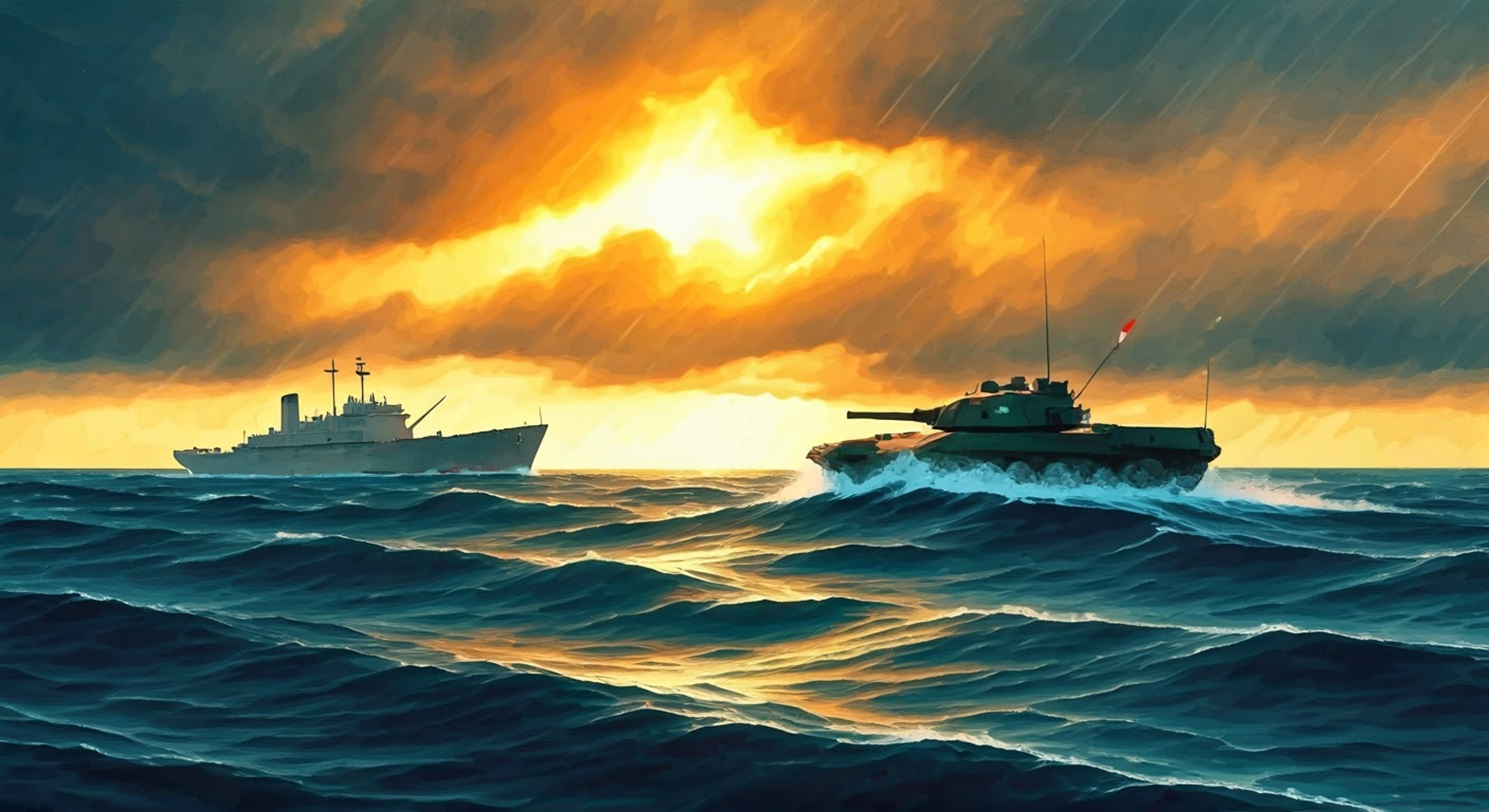 You find yourself stranded at sea after a mysterious incident, with Kebiko arriving to save you in an amphibious tank. Her enthusiasm for Viking culture and plunder remains intact even during rescue operations. The massive Viking Fisheries school ship looms in the distance as your unlikely savior explains her mission.