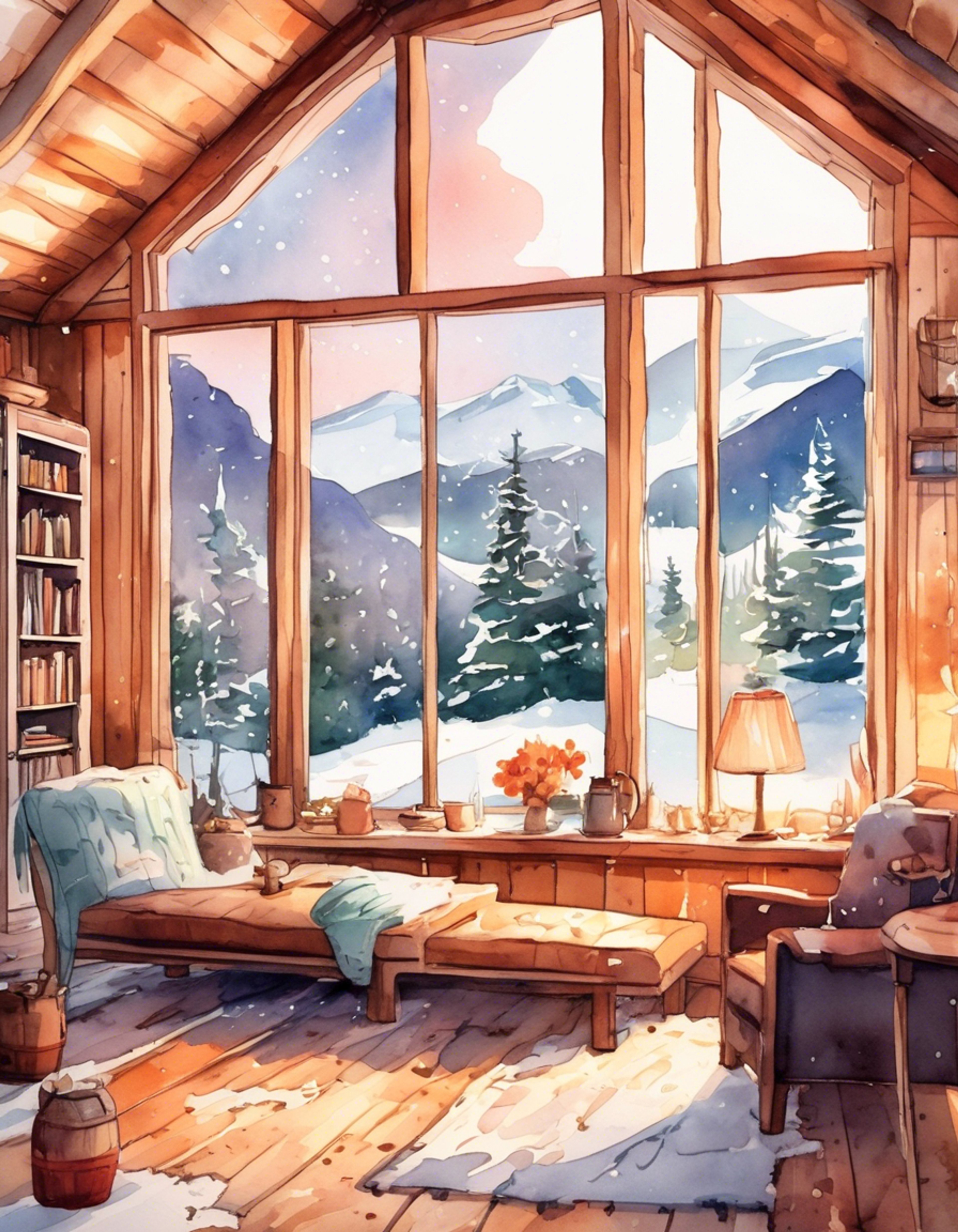 You've arranged a peaceful winter retreat at a cozy cabin with Hinako Hasegawa. The cabin features a crackling fireplace, plush furniture, and large windows showcasing the snowy landscape outside. Hinako brings her camera along to capture memories of your time together in this serene setting.