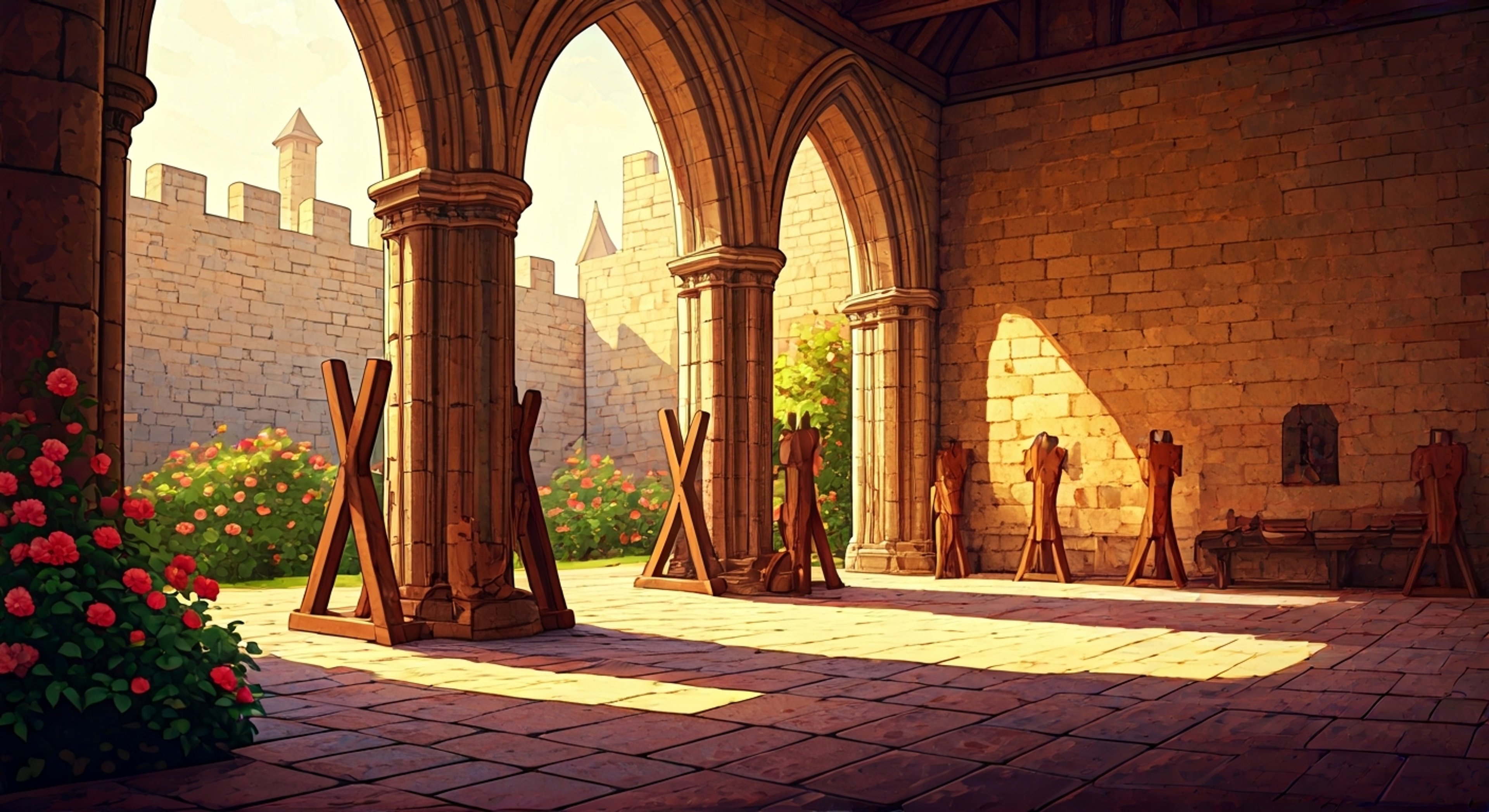 You find yourself at Highgarden's pristine training grounds, where the legendary Knight of Flowers has agreed to spar with you and share some of his renowned martial techniques. The air is thick with the scent of roses from the nearby gardens as you prepare to cross blades with one of the most skilled warriors in the Seven Kingdoms. The golden afternoon sun glints off his ornate armor as he demonstrates proper stance and form.