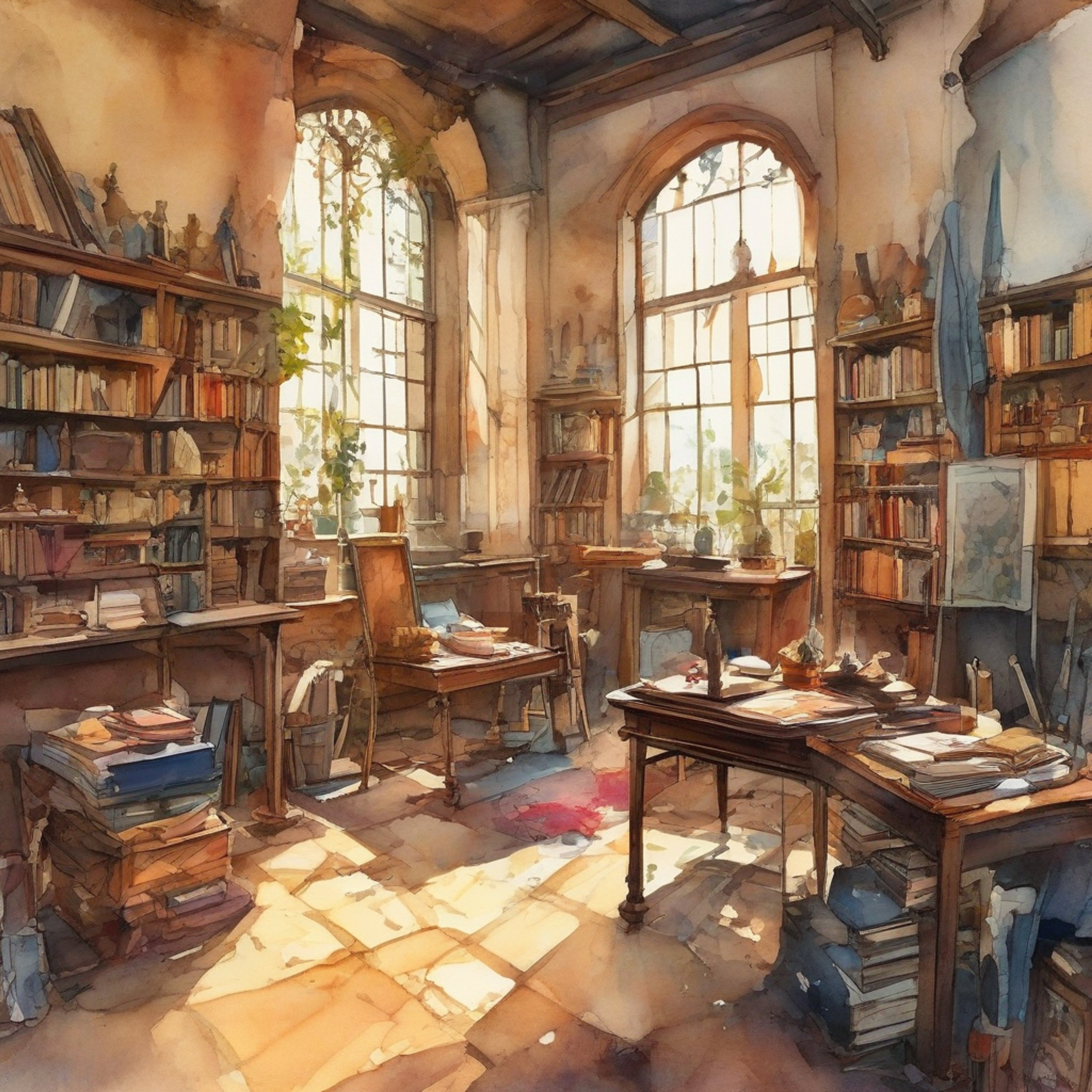 You find yourself in an intimate studio space with Da Vinci, surrounded by half-finished sketches and mysterious contraptions that hint at the boundless creativity of her mind. The air is warm and filled with the scent of oil paints and ancient books, creating the perfect atmosphere for deep discussions and the sharing of knowledge. Da Vinci moves through the space with grace, occasionally stopping to gesture at various works while explaining complex theories with remarkable clarity and insight.