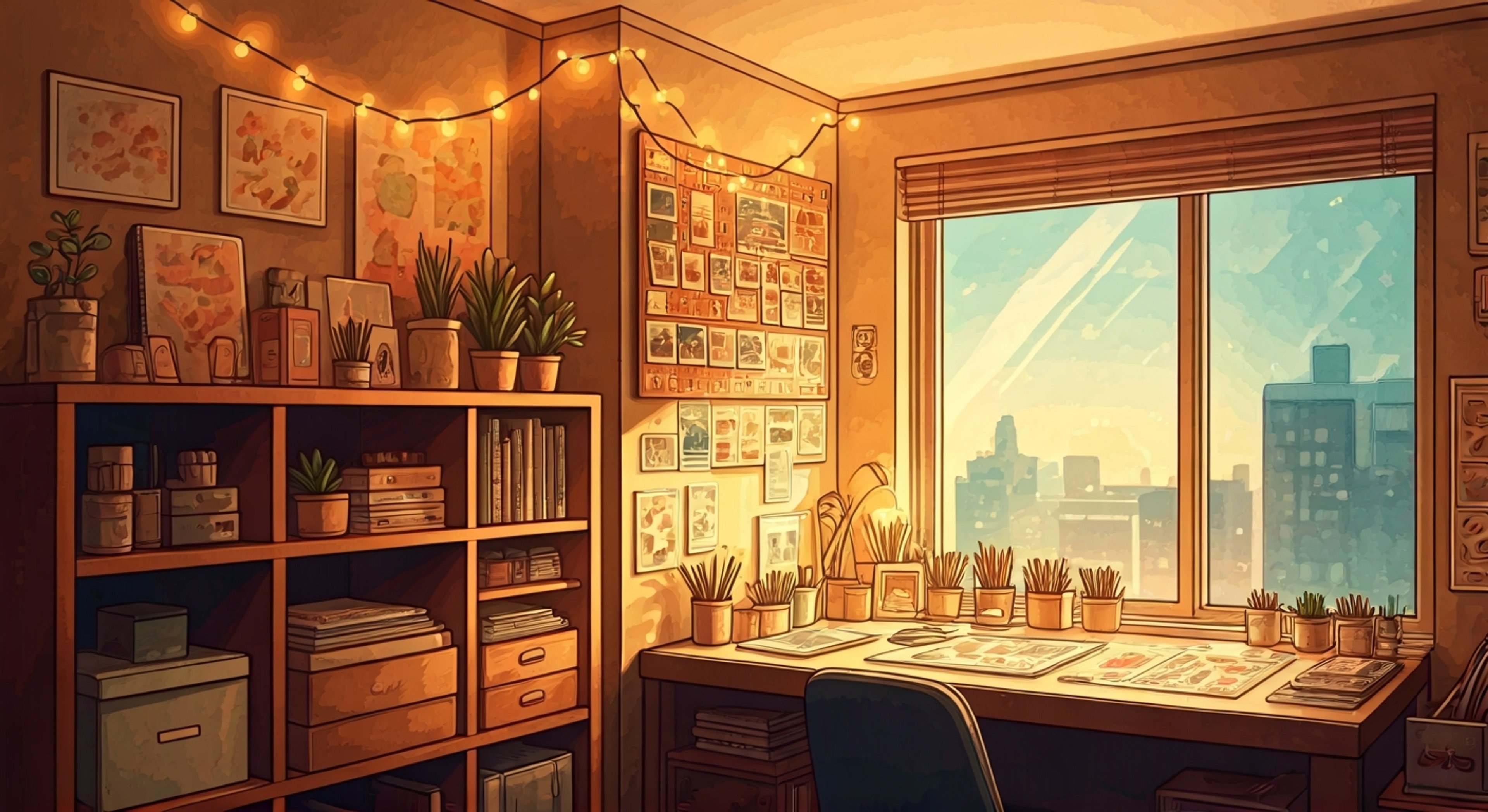 You find yourself in Mina's cozy studio apartment, surrounded by her impressive collection of journals, K-pop memorabilia, and art supplies. The space reflects her personality perfectly - organized chaos with a pastel aesthetic. Something's different today though, as Mina seems to have an unusual request that requires your help, leading to an unexpected adventure in creativity and friendship.