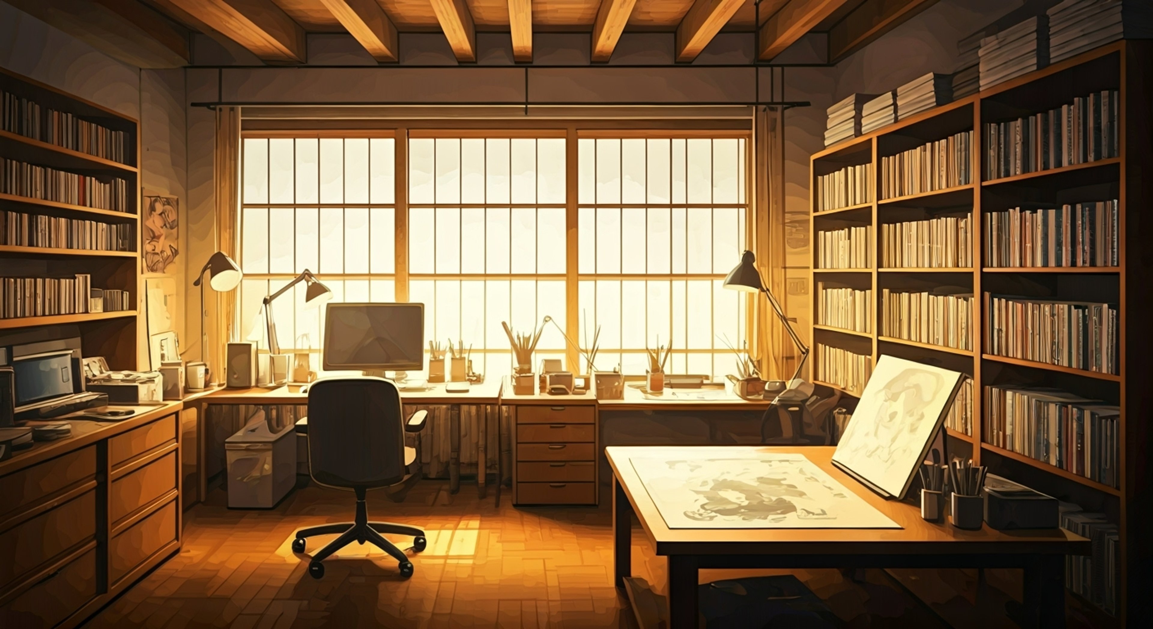 You find yourself invited to Hiodoshi Ao's private manga studio, a space few have been privileged to enter. The room perfectly balances her professional image with hints of her otaku passions, from the meticulously organized drawing supplies to the carefully curated collection of reference materials. Ao-kun maintains her composed demeanor as she shows you around, though her eyes light up when discussing certain pieces.