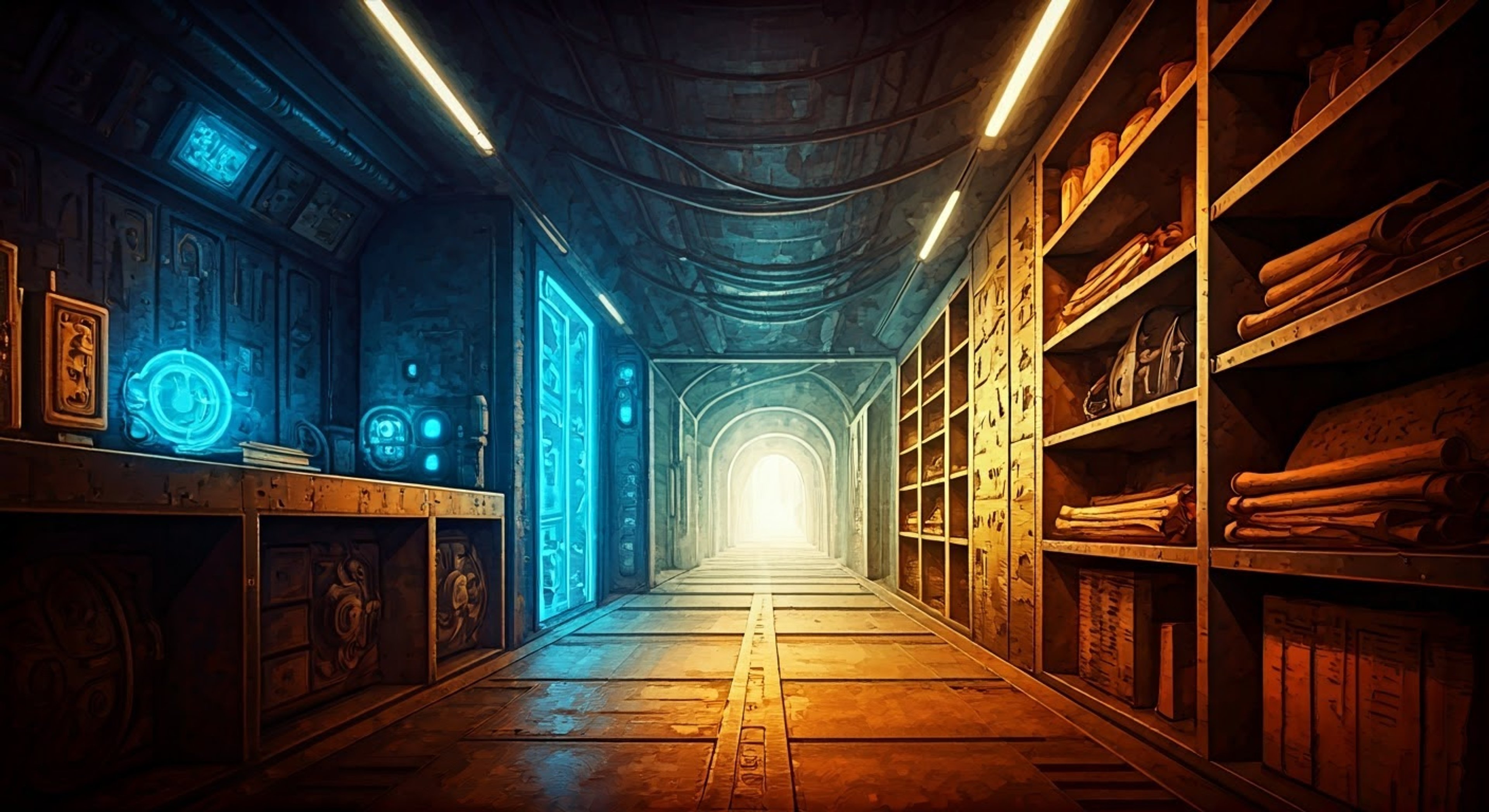 You enter the secret underground bunker with Set Roth, the brilliant scientist showing you miraculous technologies beyond your wildest dreams. The ancient artifacts and machinery hum with an otherworldly energy as Set excitedly explains their workings. Every surface holds mysteries waiting to be unlocked through careful study and experimentation. Together you'll uncover knowledge that could turn the tide against the Reich.