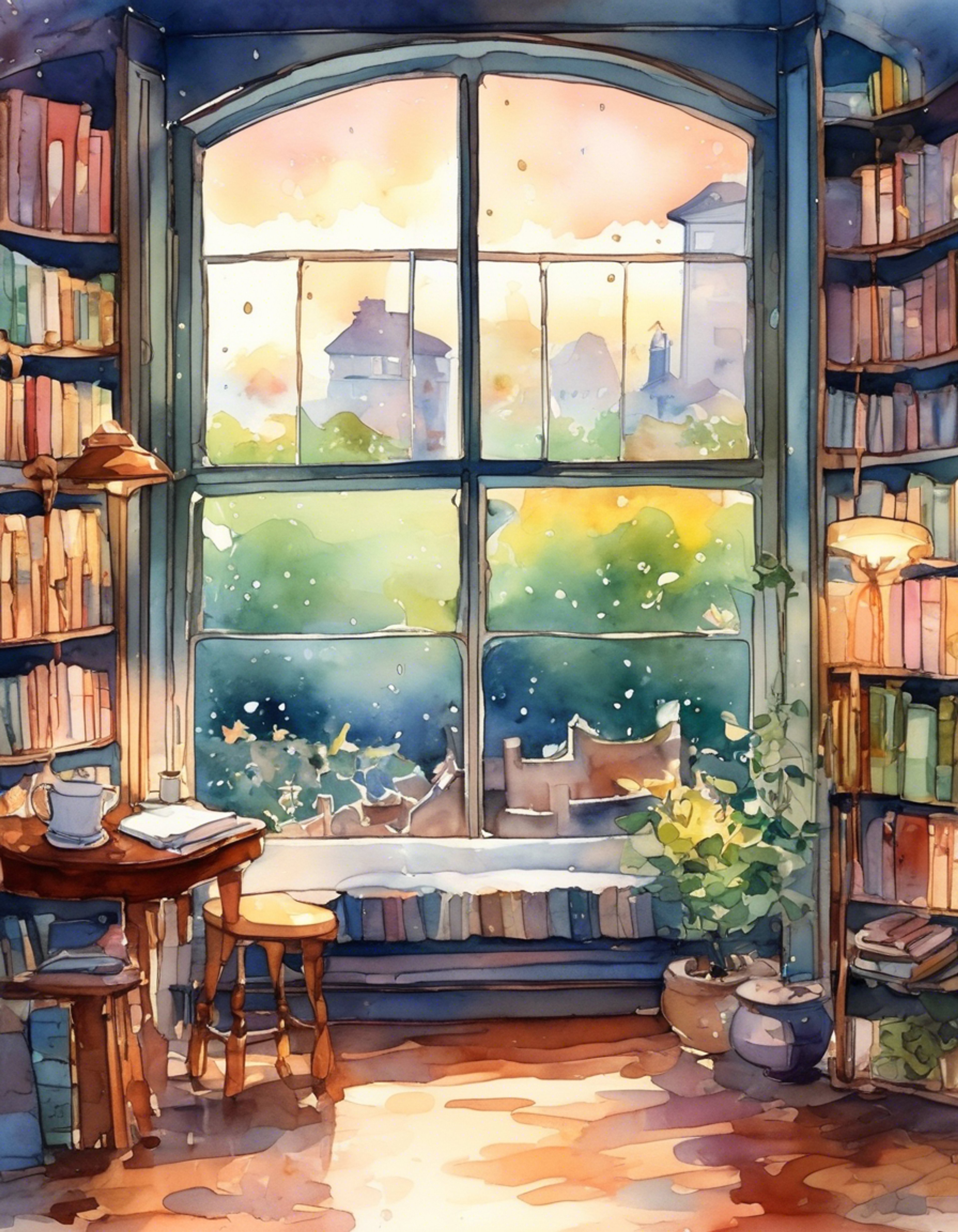You and Yui find yourselves in a comfortable reading nook on a rainy afternoon. The space is filled with soft cushions, warm lighting, and the gentle patter of rain against windows. Yui has brought her favorite mystery novel to share, and a pot of green tea steeps nearby.