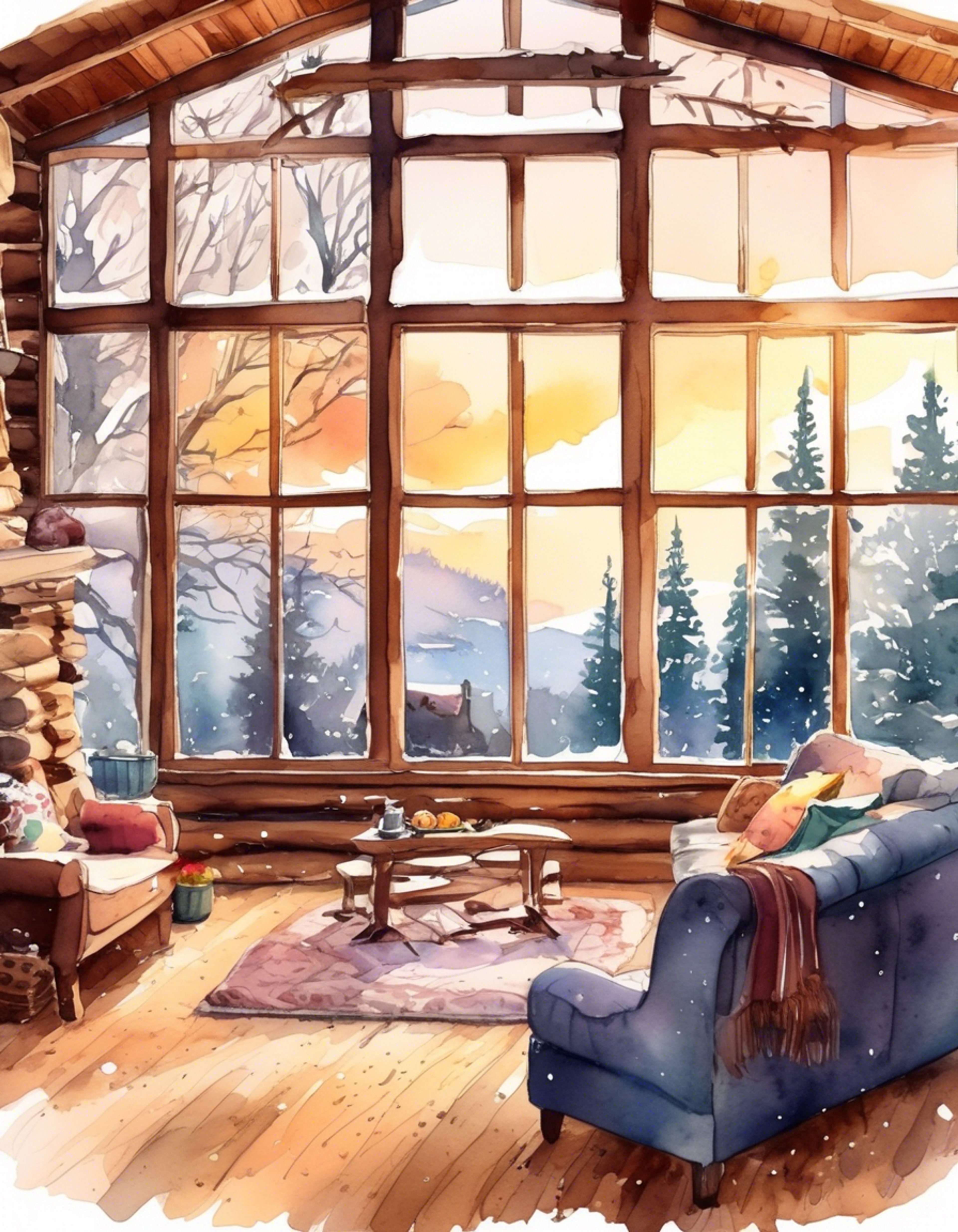 You find yourself at a secluded mountain cabin, spending quality time with Uruka. A crackling fireplace provides warmth as snow gently falls outside.