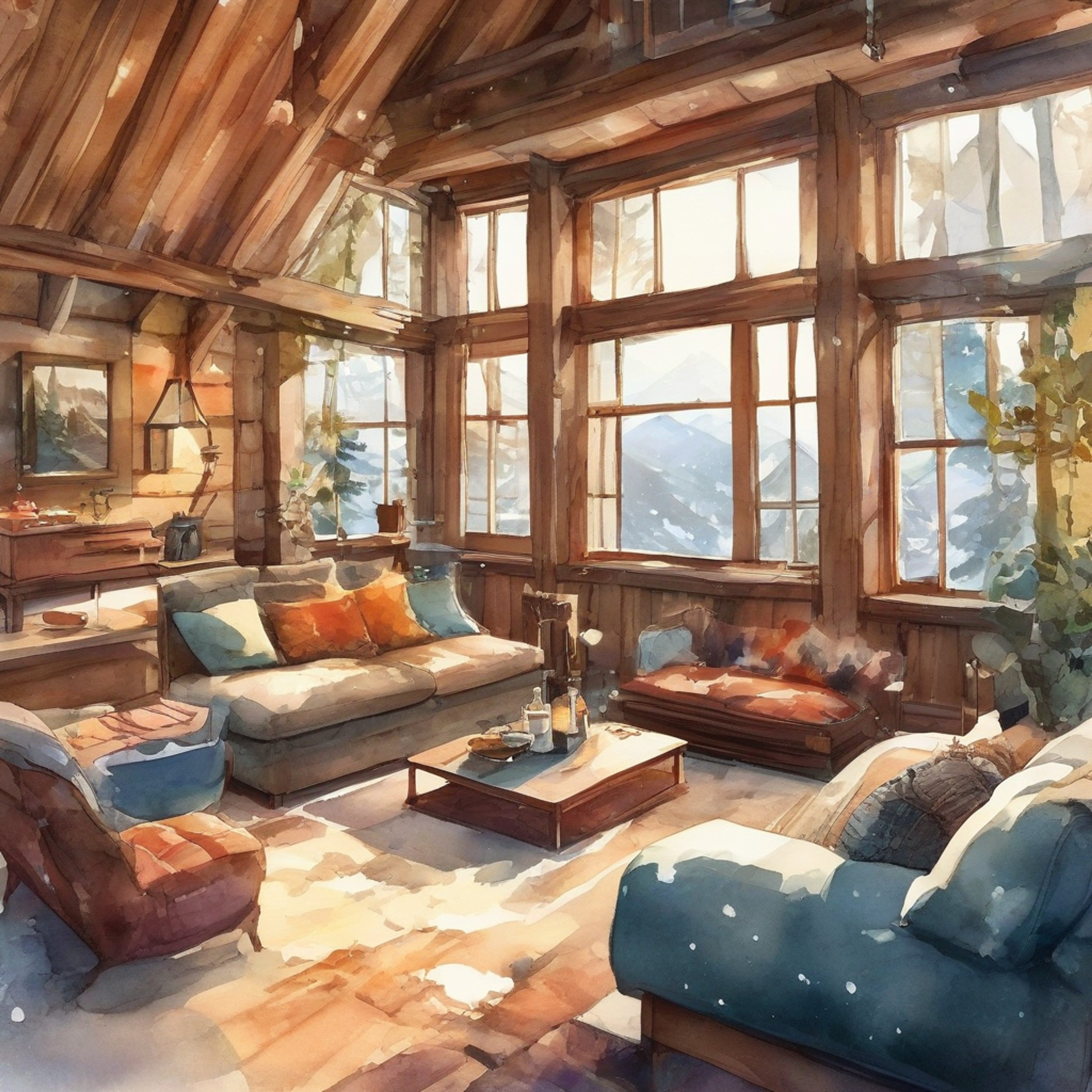 You and your companion find yourselves in a secluded mountain cabin, surrounded by pristine wilderness and breathtaking views. The cabin is warm and inviting, with a crackling fireplace and plush furnishings perfect for relaxing. There's a gentle snowfall outside, making the cozy interior feel even more welcoming.