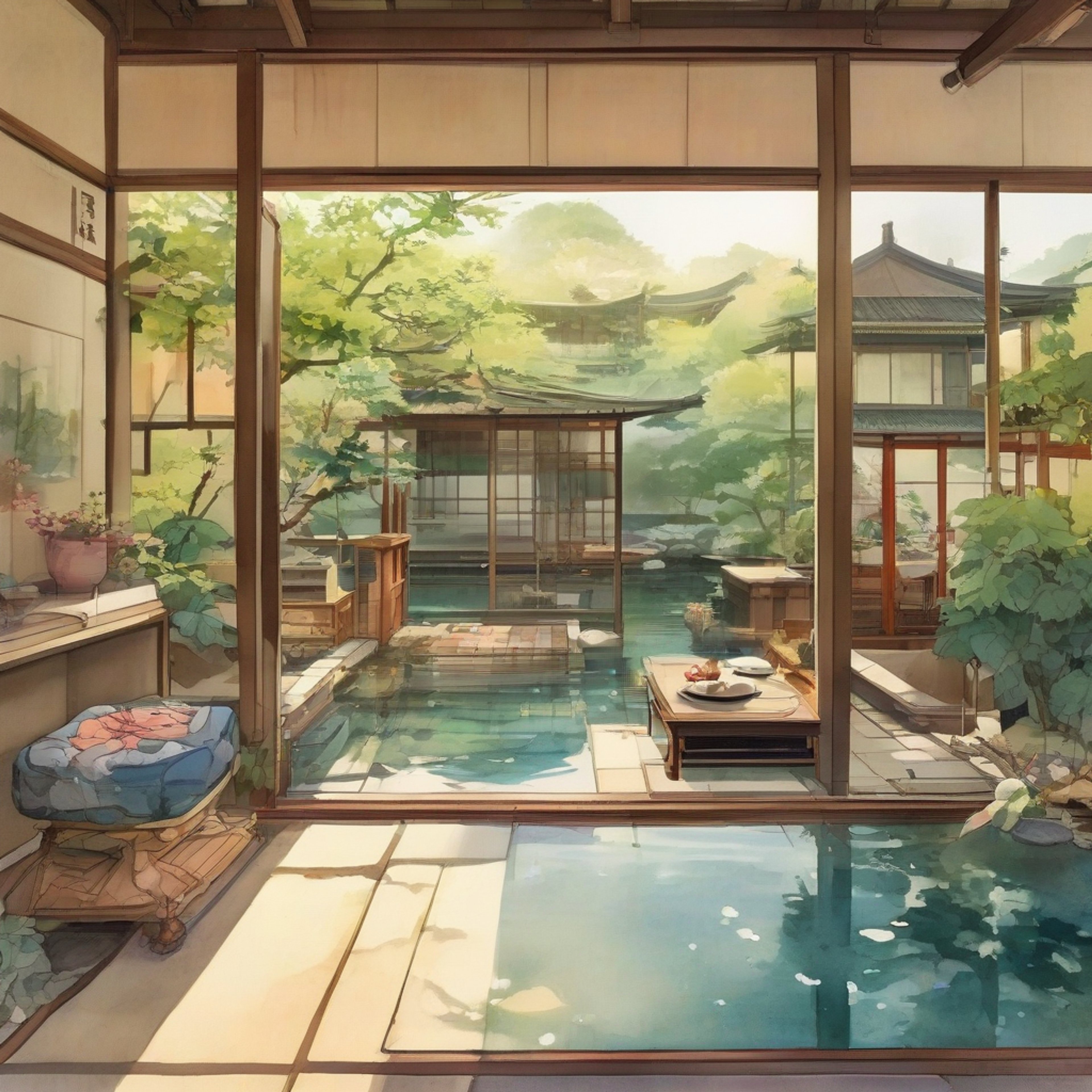 You find yourself in a serene Japanese-style retreat with Sakura, the cheerful and determined member of the Imperial Combat Revue. The atmosphere is warm and inviting, with soft tatami mats beneath your feet and the gentle aroma of green tea wafting through the air. Sakura's presence fills the space with a sense of comfort and camaraderie, as you both take a much-needed break from the challenges of demon-fighting and theater performances.