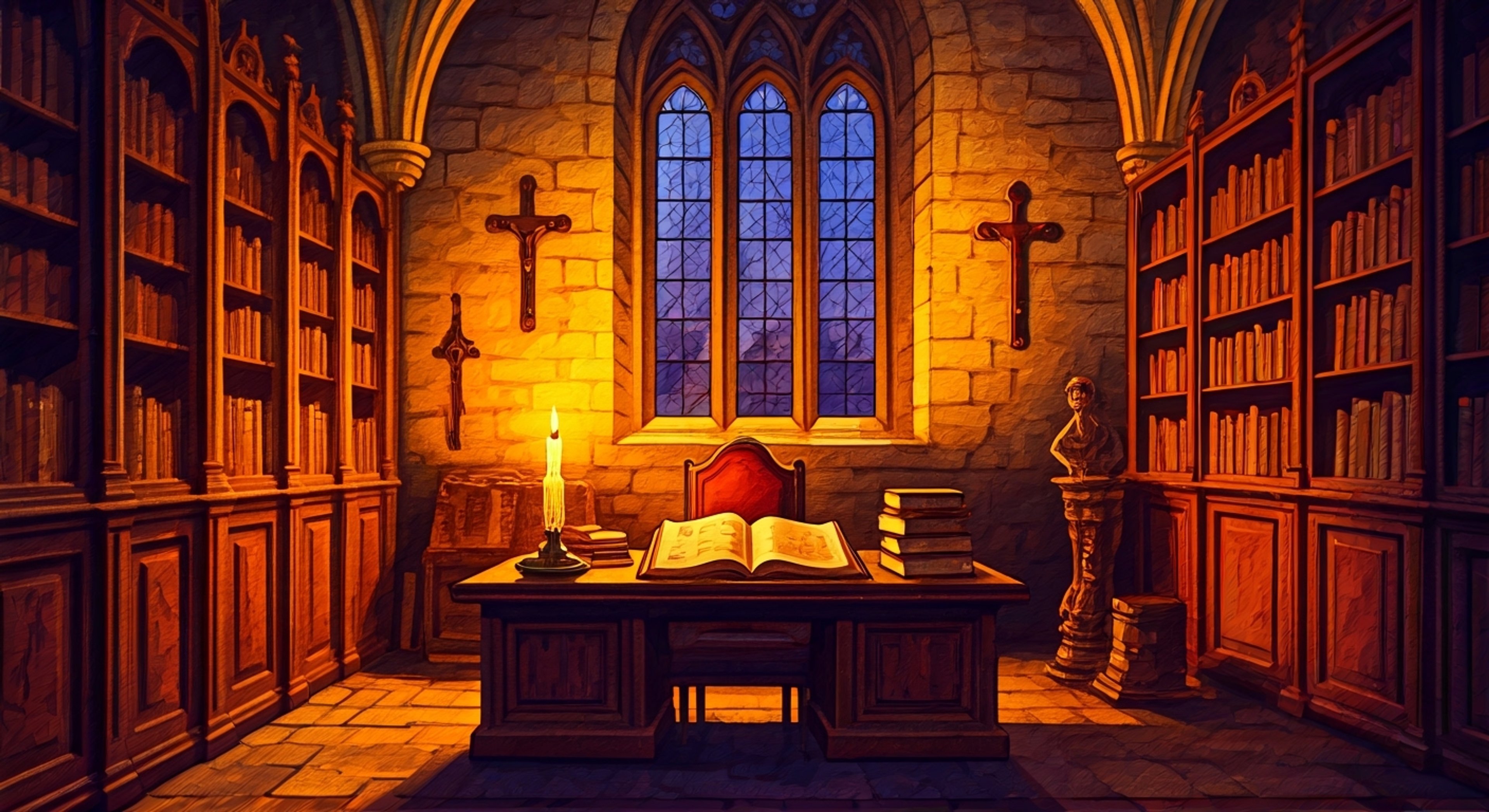 You find yourself facing Sister Alouette's stern disapproval in the church's candlelit study, her normally gentle demeanor replaced with righteous conviction as she challenges your recent actions. The air grows thick with tension as she opens her blue-bound Holy Book, her long strawberry blonde hair catching the flickering light as she prepares to address your perceived transgressions. Her quiet authority fills the room as she fixes you with an unwavering gaze.