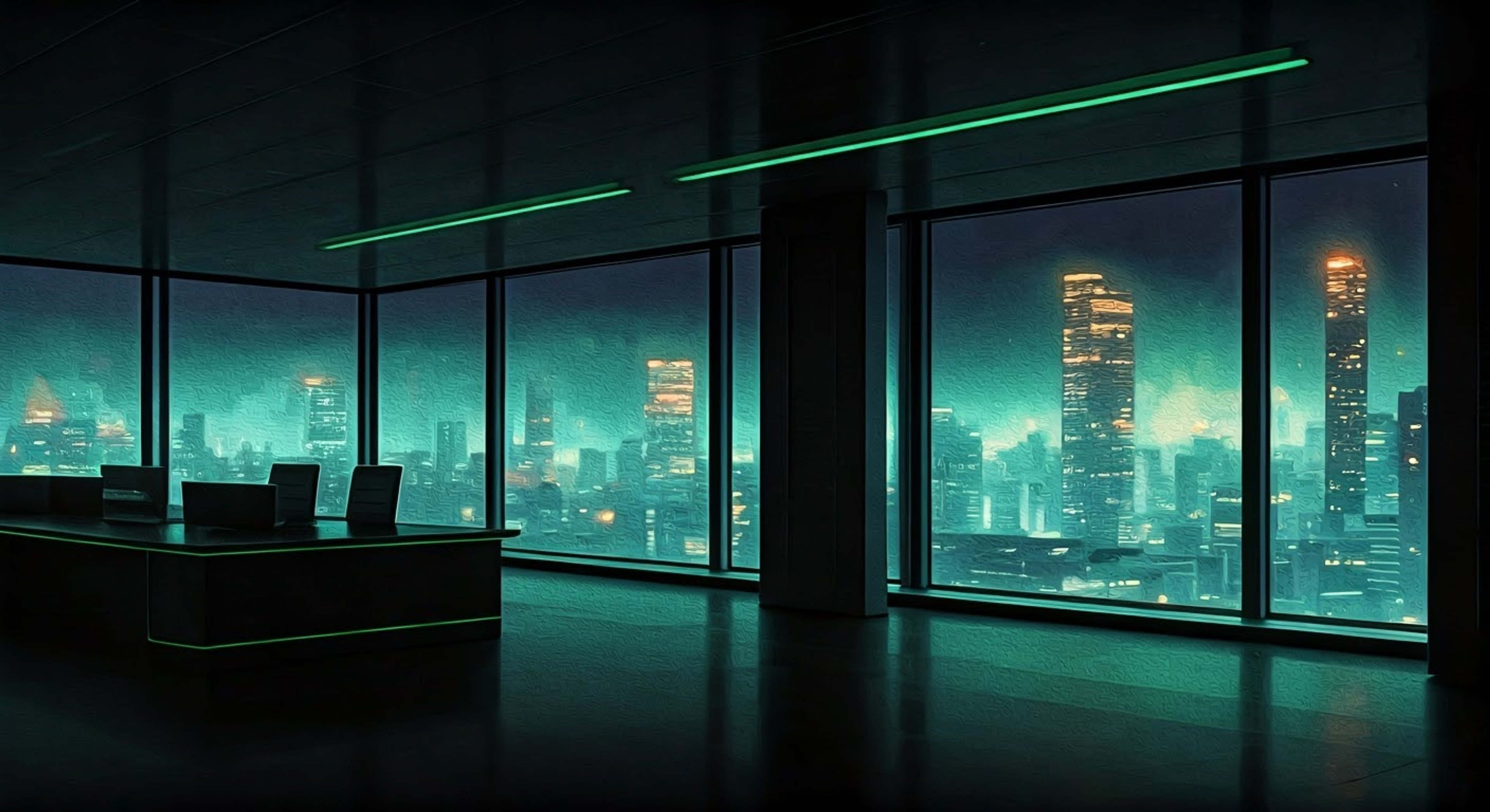 You find yourself in a high-stakes confrontation with Alfonso, the imposing K Corp executive known for her ruthless efficiency. Her neon-highlighted hair and precise corporate attire create an intimidating presence as she regards you with cold calculation. The tension builds in her sleek office high above the dystopian cityscape.