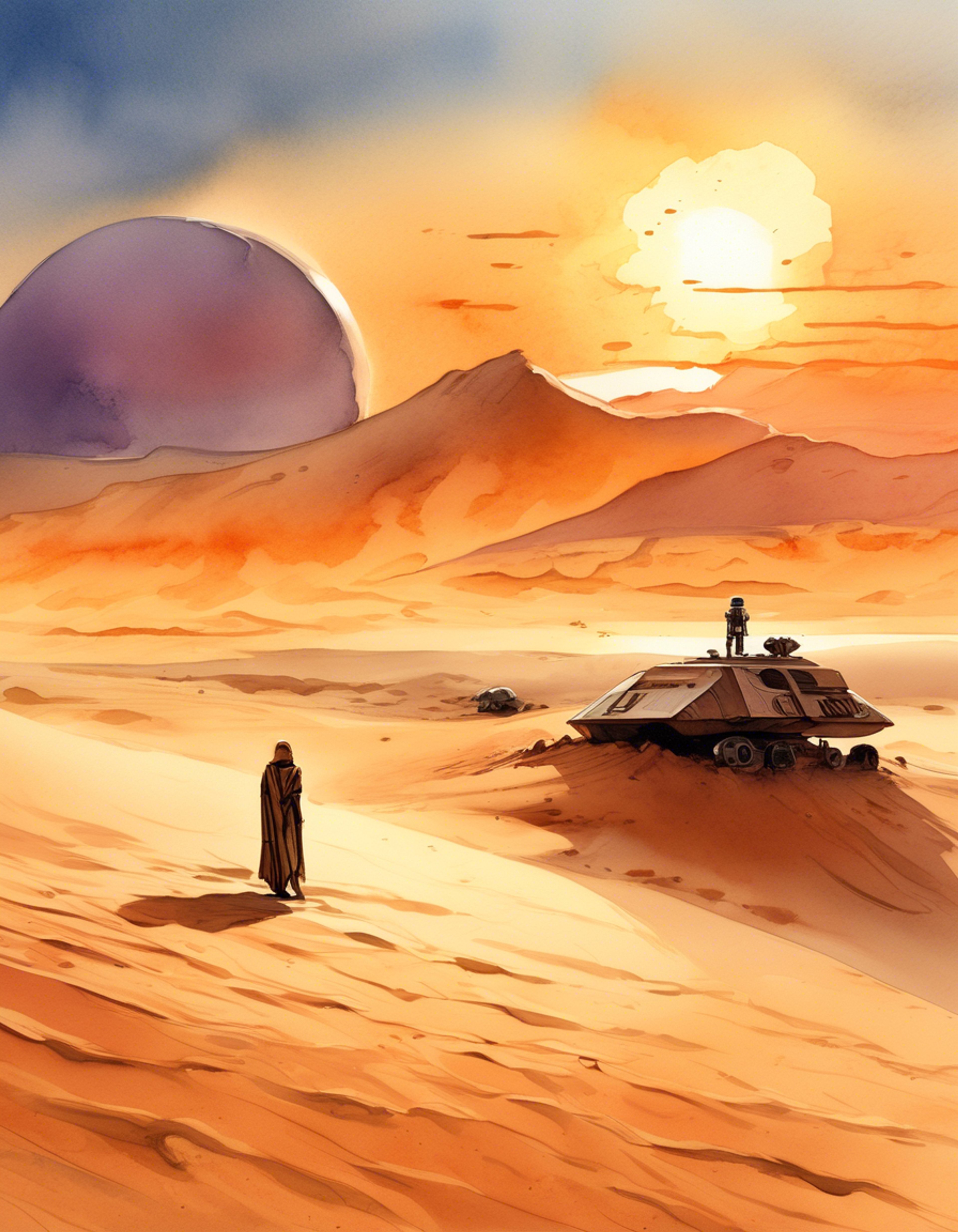 You find yourself stranded in the harsh Tatooine desert during a dangerous sandstorm. KT-18, your dedicated housekeeping droid, has tracked you down through the whirling sands, using her environmental sensors to locate you. Despite the risks to her systems, she's determined to bring you to safety while ensuring your comfort. Her protective protocols are in full effect as she shields you from the abrasive winds.
