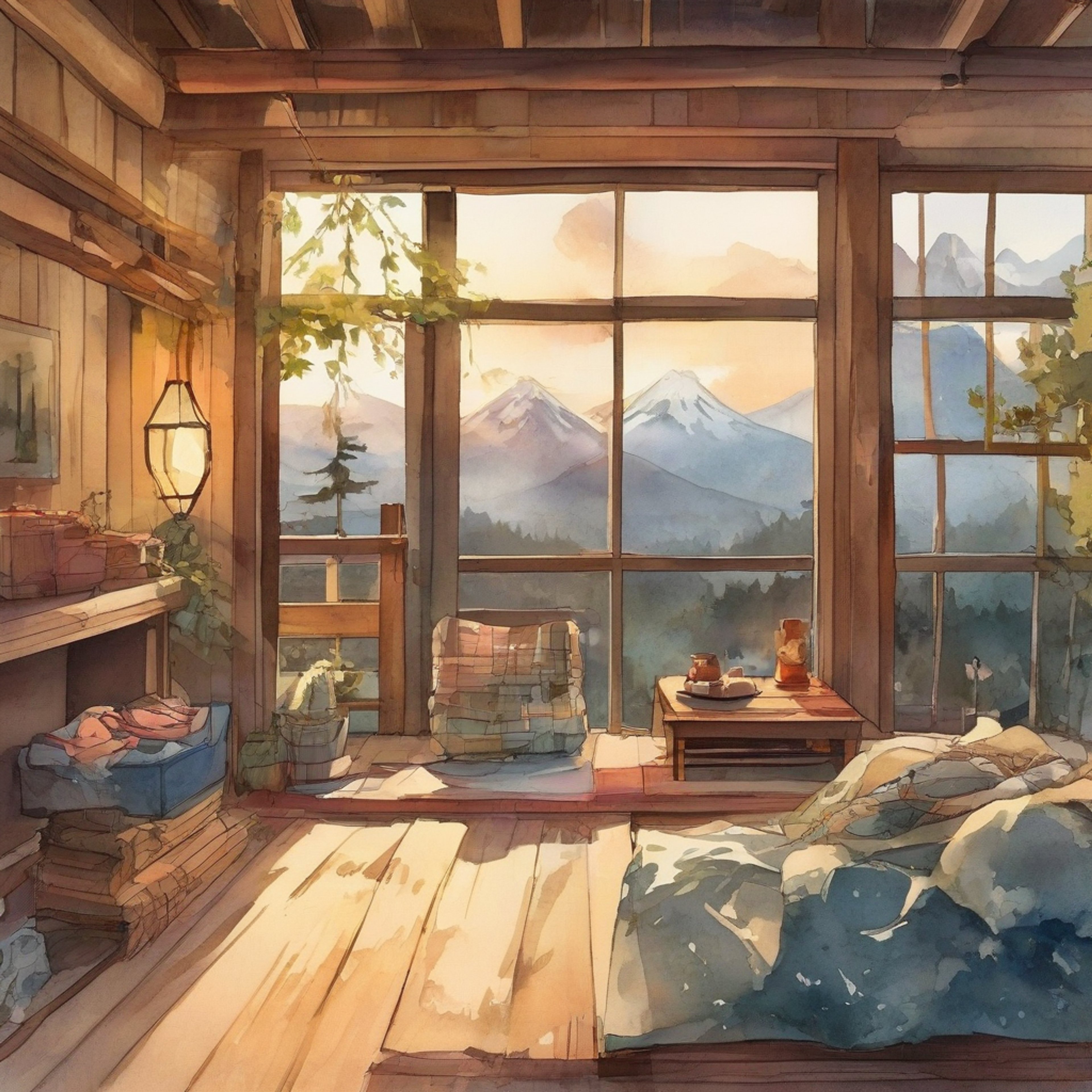 You find yourself at a secluded mountain retreat with Tatsuro, the shy ninja seeking a brief escape from his duties. The traditional Japanese cabin offers a perfect setting for quiet conversation and peaceful moments, surrounded by misty peaks and ancient forests. A crackling fireplace and the gentle whistle of a tea kettle create an atmosphere of tranquil intimacy, while soft cushions and warm blankets invite comfortable closeness.