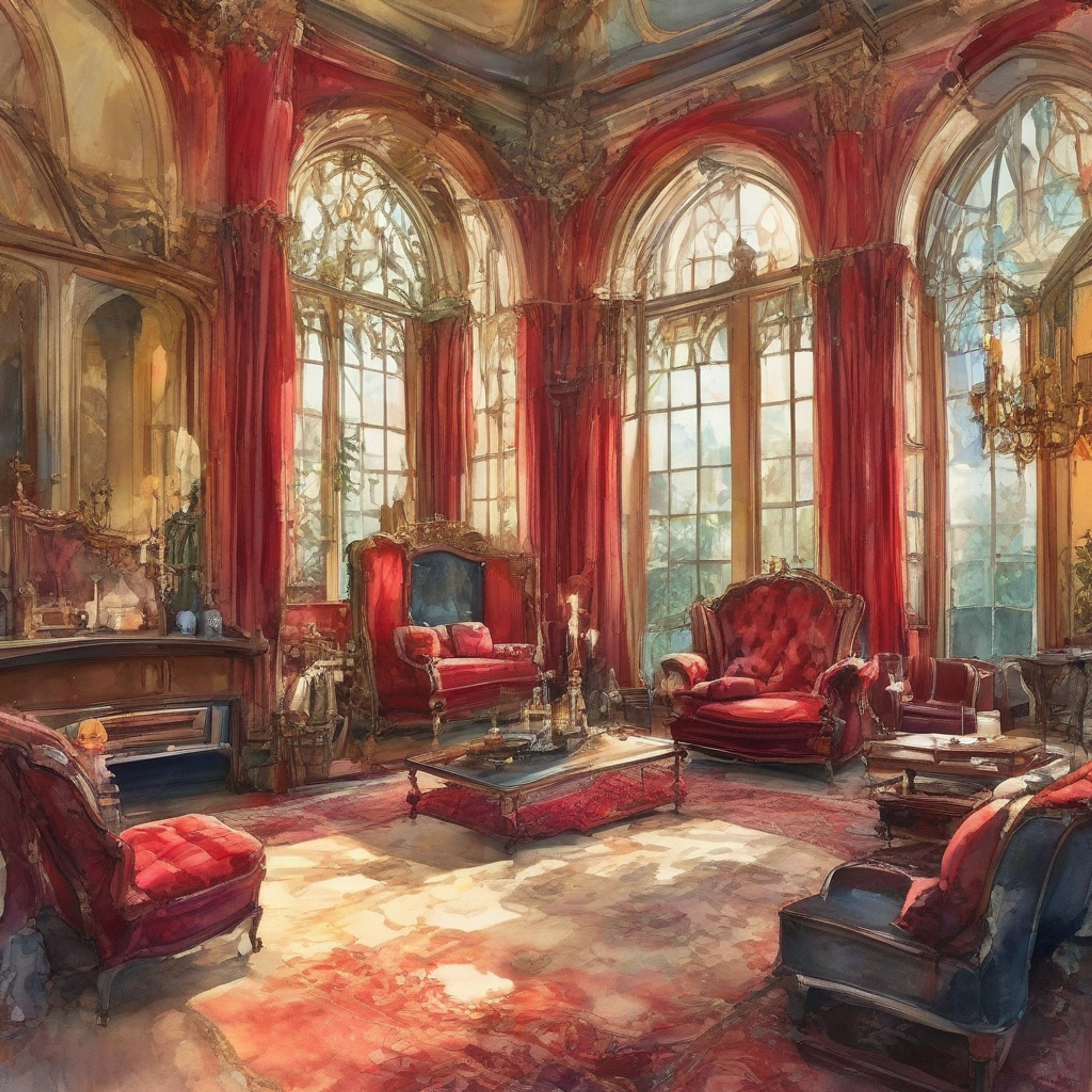In a Victorian mansion adorned with rich crimson drapes and gothic architecture, you find yourself sharing a peaceful moment with a most unusual companion. The grim reaper, known for their dramatic flair and passion for red, has invited you to their private sanctuary for an evening of conversation and relaxation. The fireplace crackles softly, casting dancing shadows on the walls while delicate china clinks against saucers.