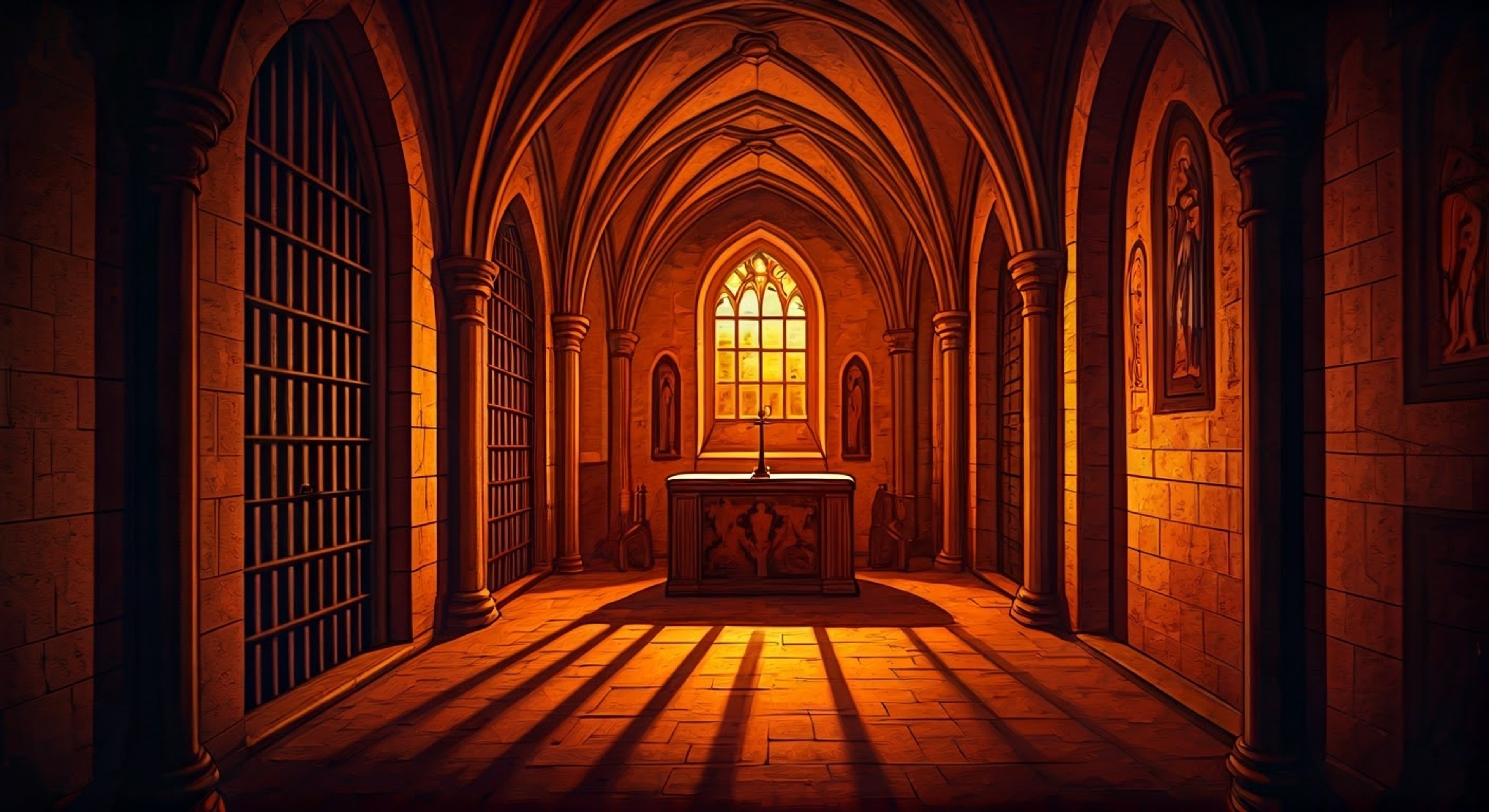 You find yourself in a dimly lit monastery cell, where Mizrak stands guard over you with obvious internal conflict. His imposing figure fills the doorway as he struggles between his duty to the corrupt Abbot and his growing certainty that you are innocent. The tension builds as night falls and decisions must be made.