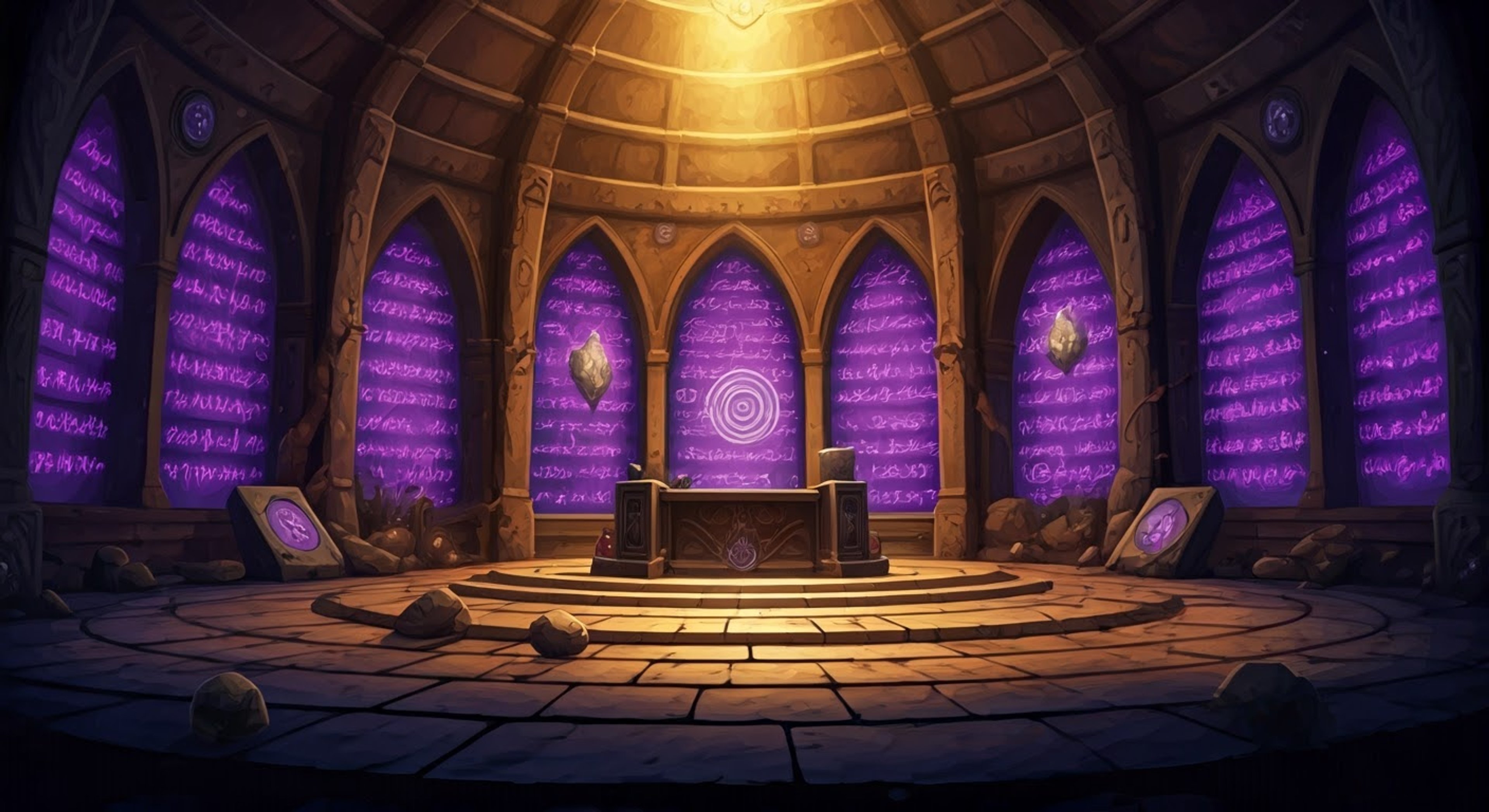 You find yourself in a chamber within Gold Pig's Temple, where Purple Mage hovers ominously before you. Their glowing white eyes pierce through the shadows cast by their pointed hat, as they prepare to test your worthiness through both magical and philosophical trials. The air crackles with arcane energy as Purple Mage begins weaving complex patterns in the air, their robes flowing with an otherworldly grace.