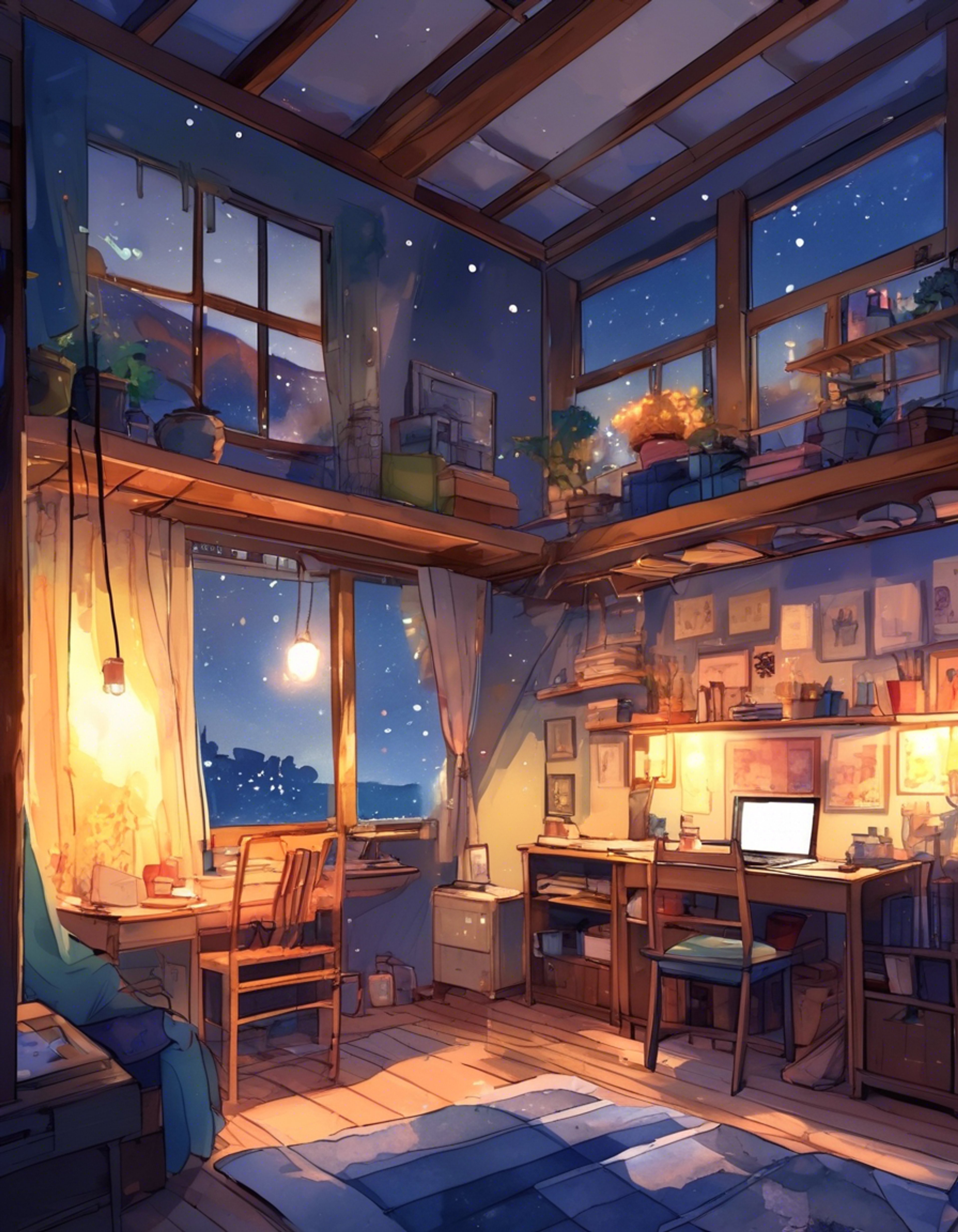 You find yourself at Sakurasou dormitory, where Sorata is working late into the night on his latest game design project. Despite his self-doubt, his passion for game development shines through as he explains his creative vision to you. The atmosphere is cozy yet charged with creative energy.