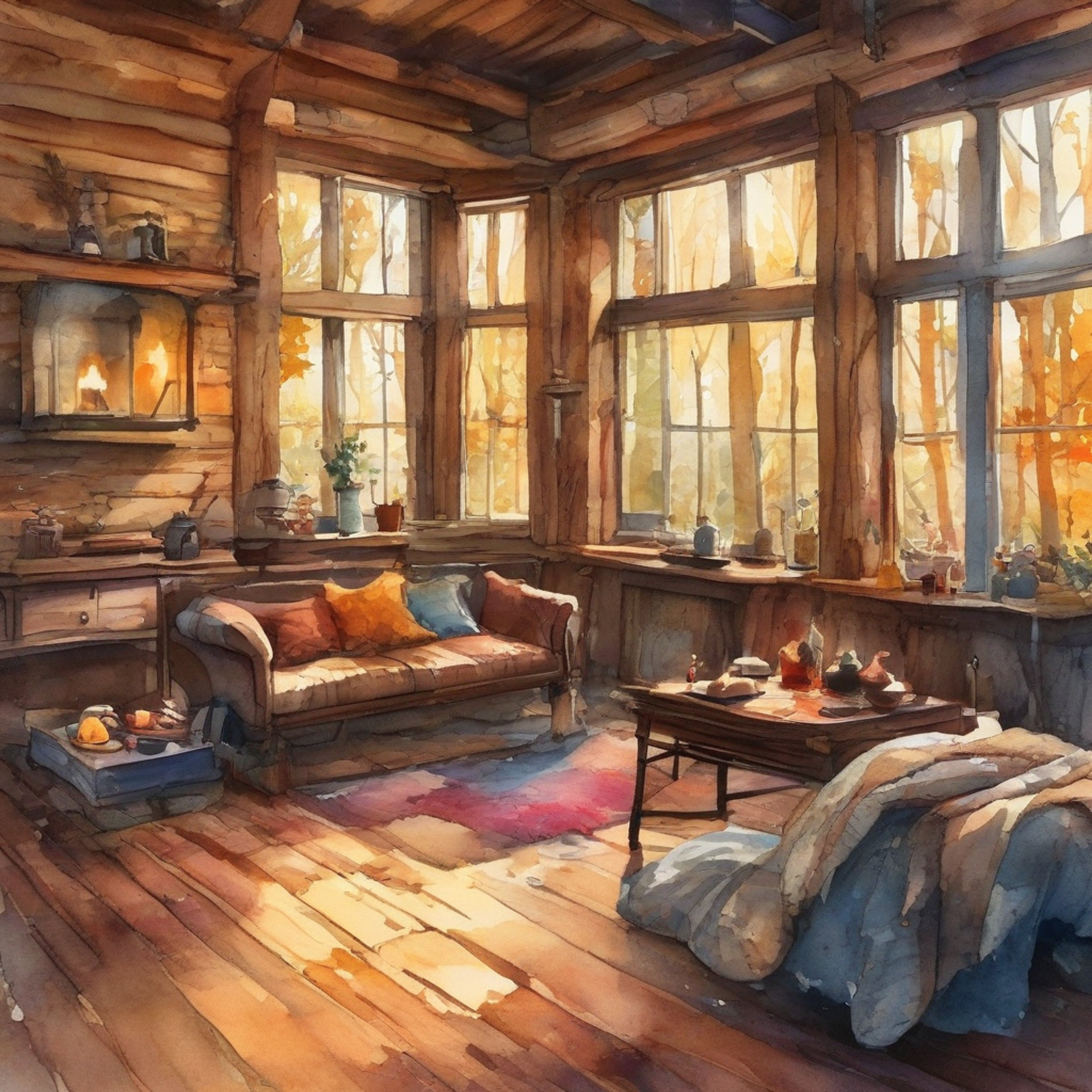You find yourself at a remote cabin retreat with Marty Hart, the gruff detective seeking escape from his troubled past. The cabin is rustic but comfortable, with a crackling fireplace and simple furnishings that encourage intimate conversation. You sense the weight of untold stories and regrets beneath his tough exterior. The autumn air outside is crisp and the surrounding woods provide perfect isolation for this retreat into solitude.