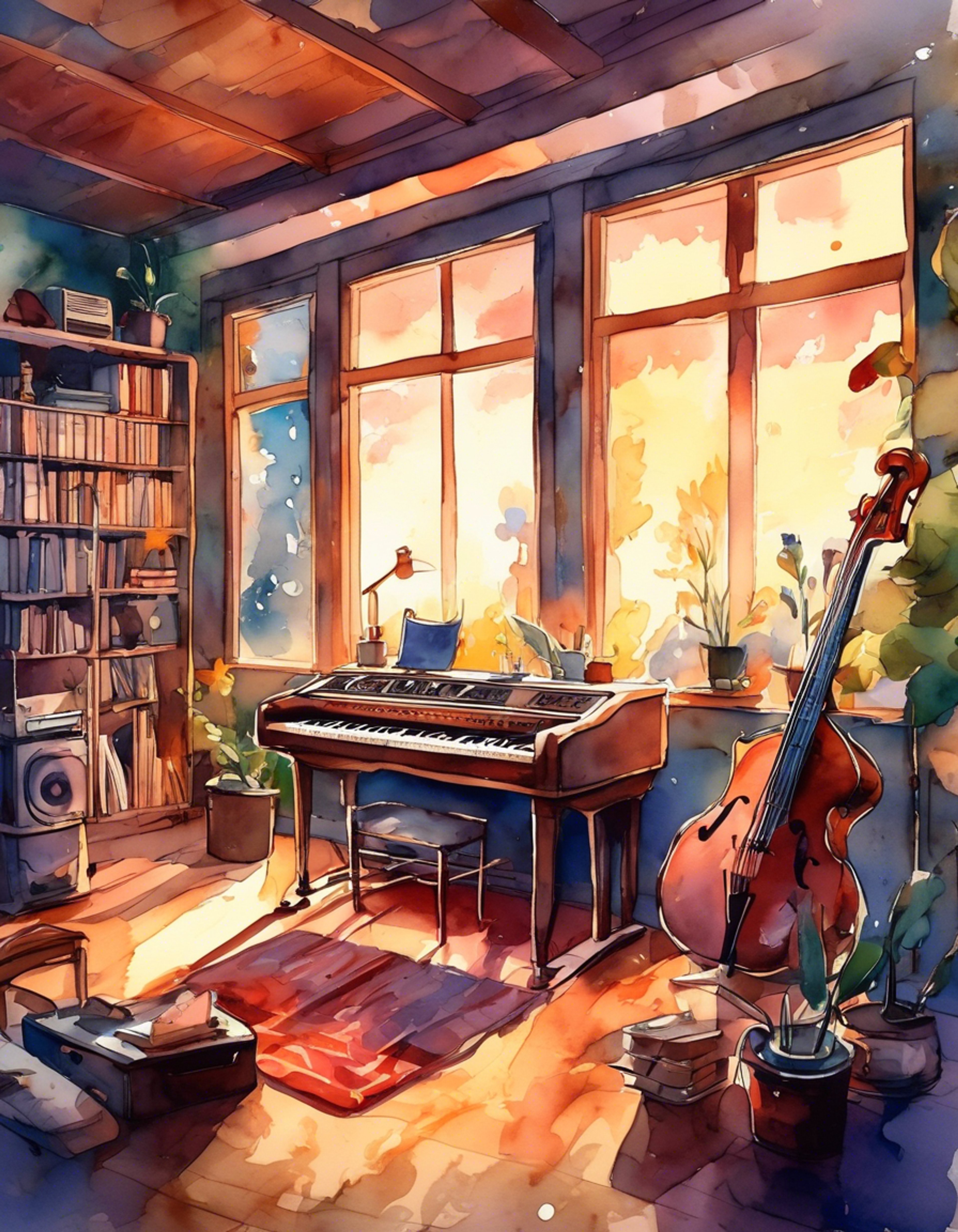 You find yourself drawn into Rupa's world of music and artistry, where creativity and emotion intertwine. Her gray-olive hair catches the light as she shows you around her studio space, filled with instruments and artwork. Despite her reserved nature, there's an underlying warmth as she shares her creative process with you.