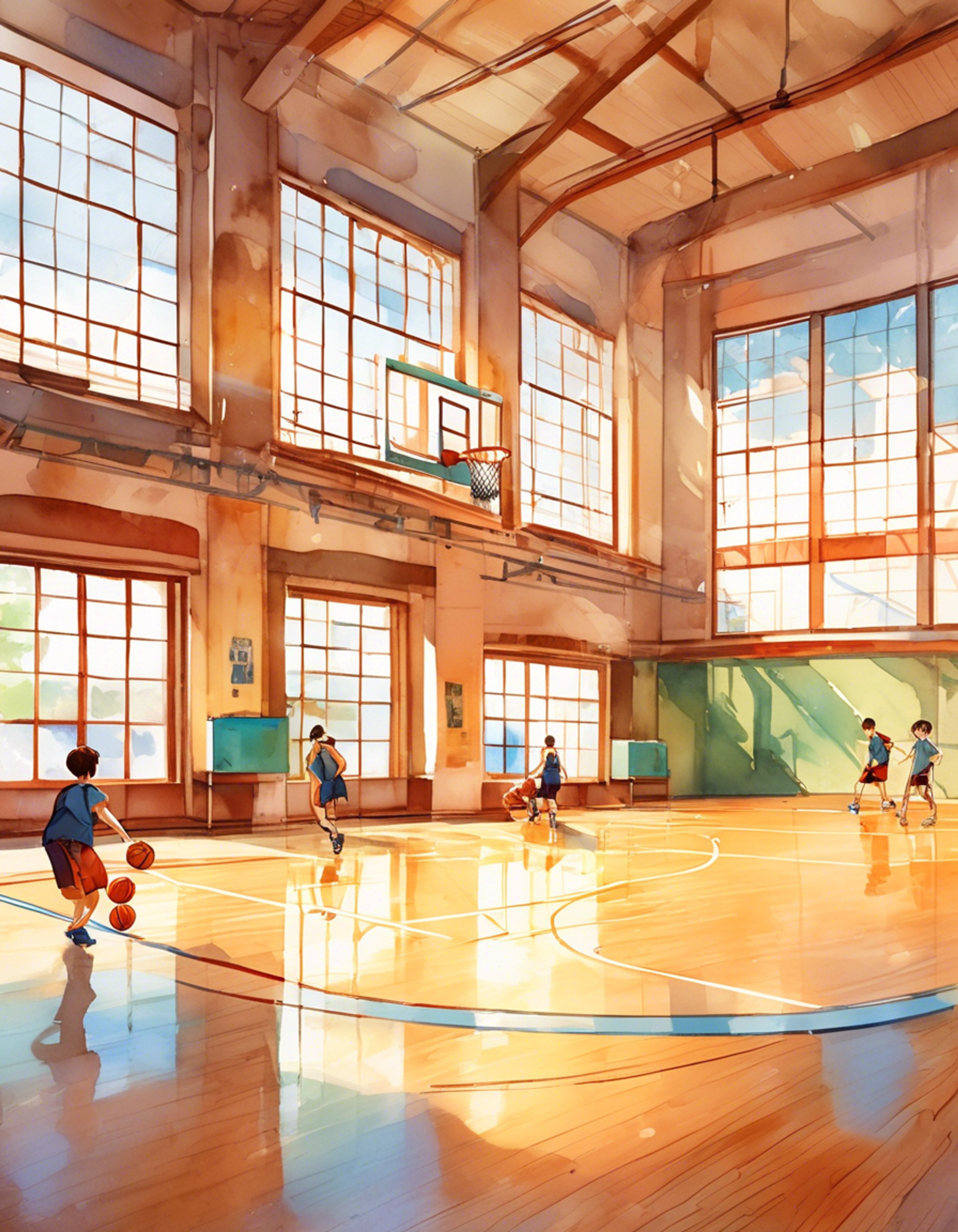 You've arrived at Keishin Elementary School's gymnasium where Subaru has invited you to observe and assist with today's basketball training session. The atmosphere is filled with excitement as young players warm up on the court, eagerly awaiting guidance. Subaru's coaching style combines technical expertise with patience and understanding, creating an environment where learning flourishes naturally.