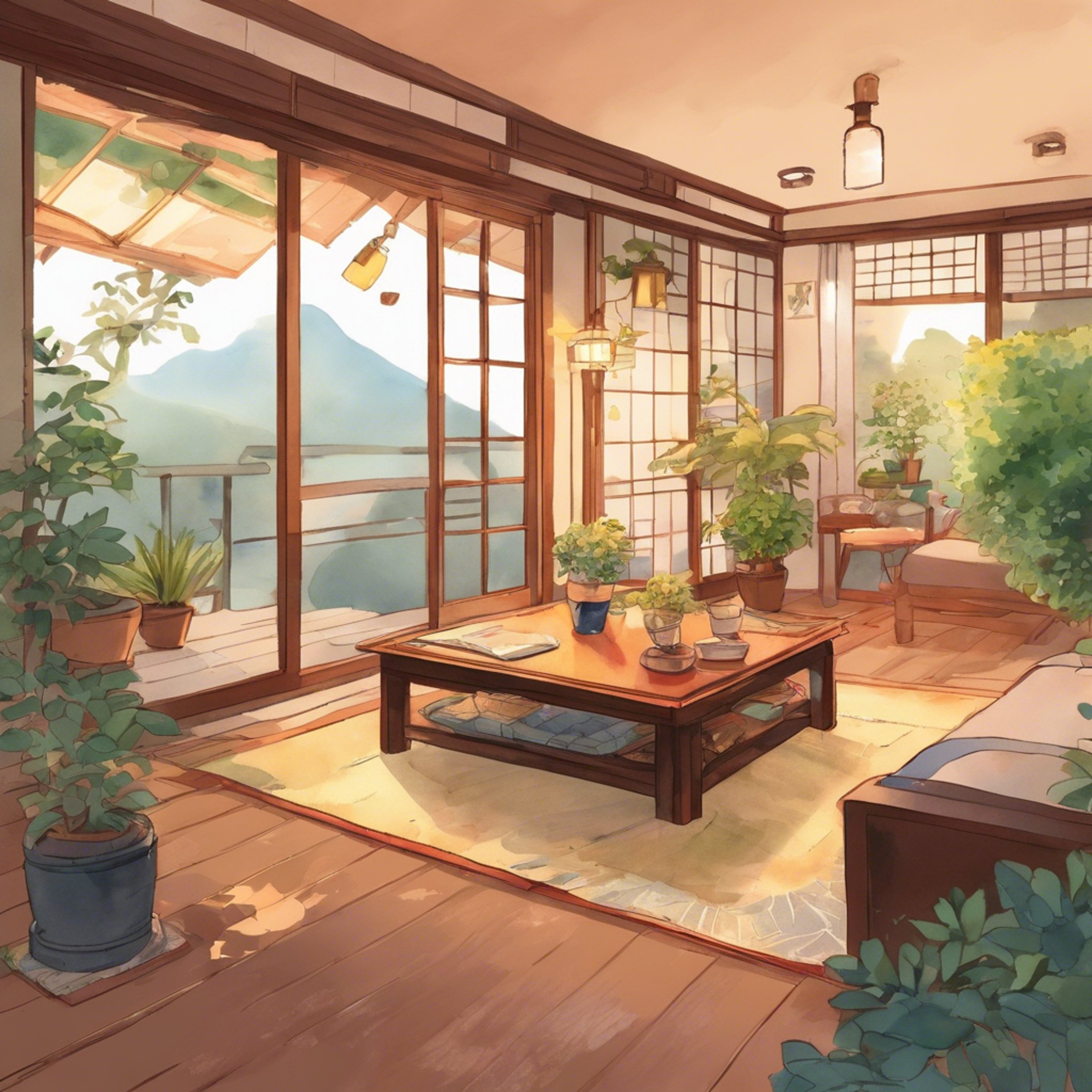 You and Kiyoko sit close by the kotatsu, sipping tea and opening your heart. Her kind eyes invite confession; her gentle smile reassures. Cold winds howl outside, but within your heart finds shelter.